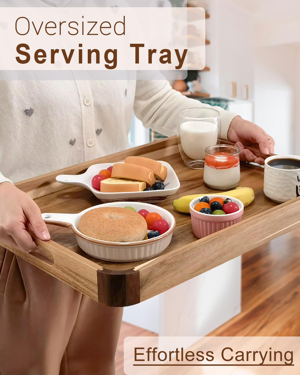 OurMiao 22 Inches Acacia Wood Serving Tray with Handles, Large Wooden Rectangle Ottoman Tray, Nice Home Decor for Living Room Coffee Table Couch, Ideal Size for Serving Food Breakfast BBQ Party