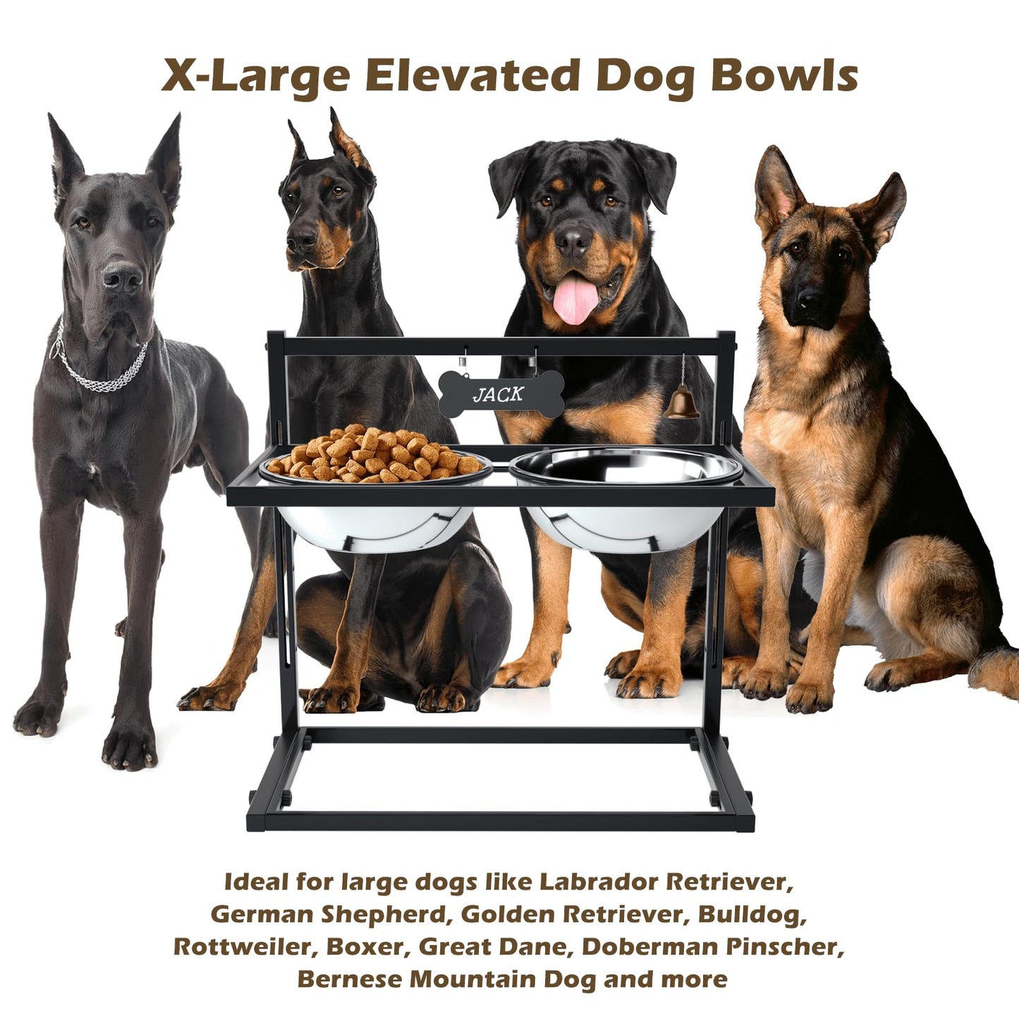 X-Large Elevated Dog Bowls for Extra Large Dogs with Mat,Raised Dog Bowl Stand for Large Breed Adjusable Height Dog Feeder with Two 3L(𝟏𝟑𝐂𝐔𝐏𝐒) Stainless Steel Dog Food Bowls