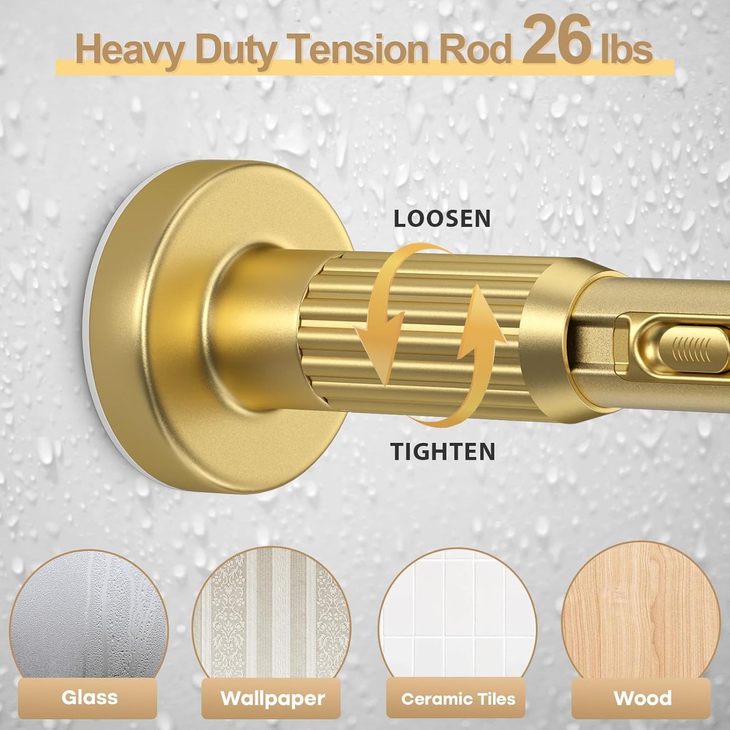 ZipGlo Heavy Duty Tension Curtain Rod 41-103 Inch (4-8 Ft), 26LB No-Drill Renter Friendly & Damage-Free, Adjustable Rod for Shower, Bathroom, Window, Patio Outdoor Curtains, 1.26-In Diameter, Gold