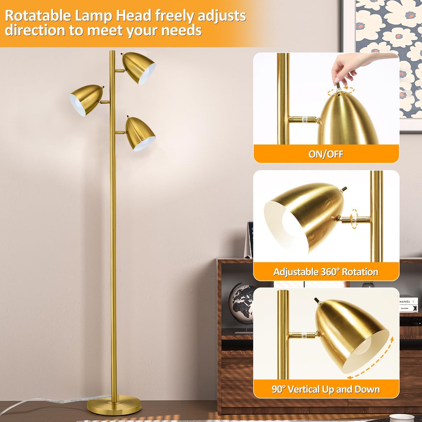 CNXIN Tree Floor Lamp with 3 Light Bulbs Standing Tall Pole Lamps with Adjustable Metal Heads 65"Reading Stand up Lamps with E26 Base Modern Floor Lamps for Living Rooms, Bedrooms, Home, Office(Gold)