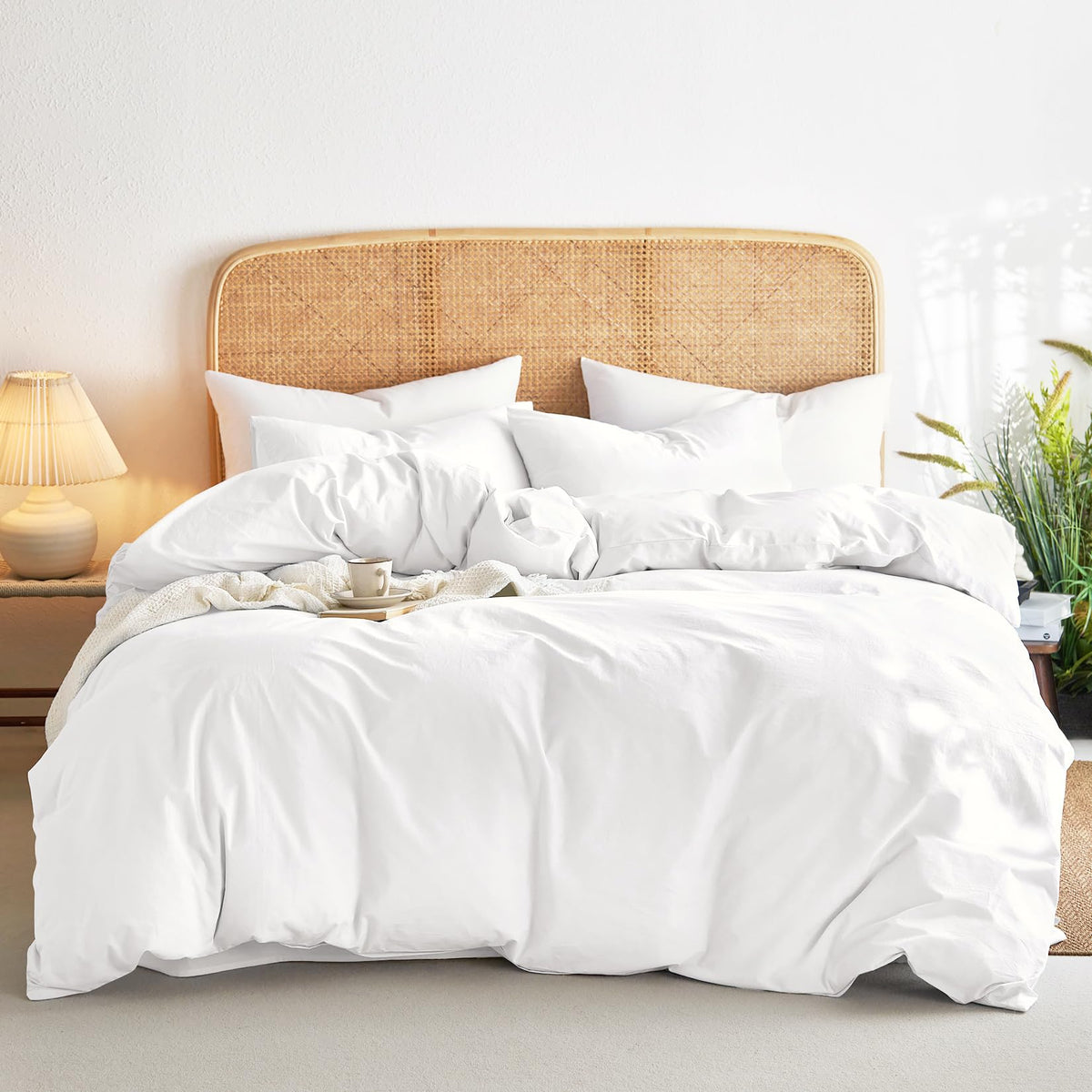Wake In Cloud - White Cotton Duvet Cover Set, Queen Size, 100% Washed Cotton Plain Solid Color, Linen Like Textured, Breathable Durable Farmhouse Neutral Bedding Set, 3 Pieces