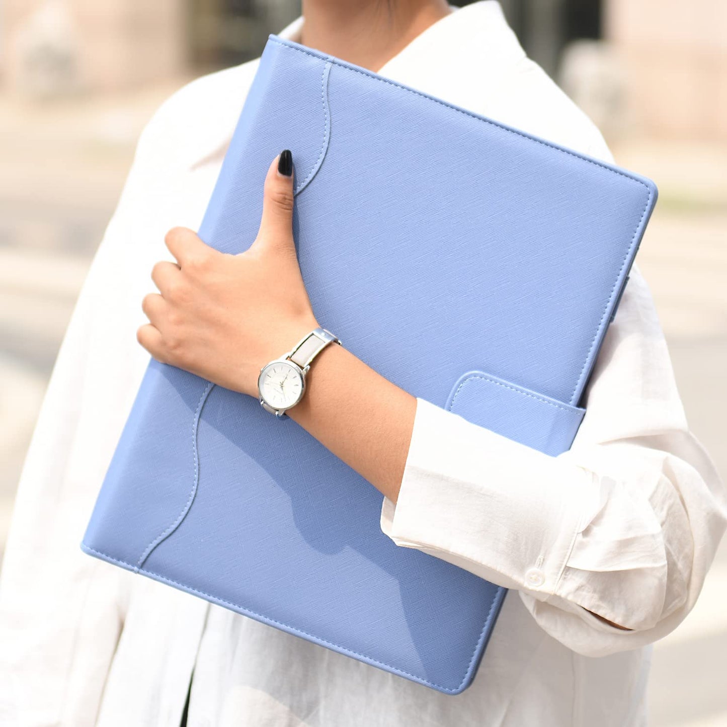 Wonderpool A4 Leather 4 Ring Holder Writing Portfolio Multi Document Case with Removable Binder Clipboard and Functional Pocket for Organizer Office Travel School (Blue)