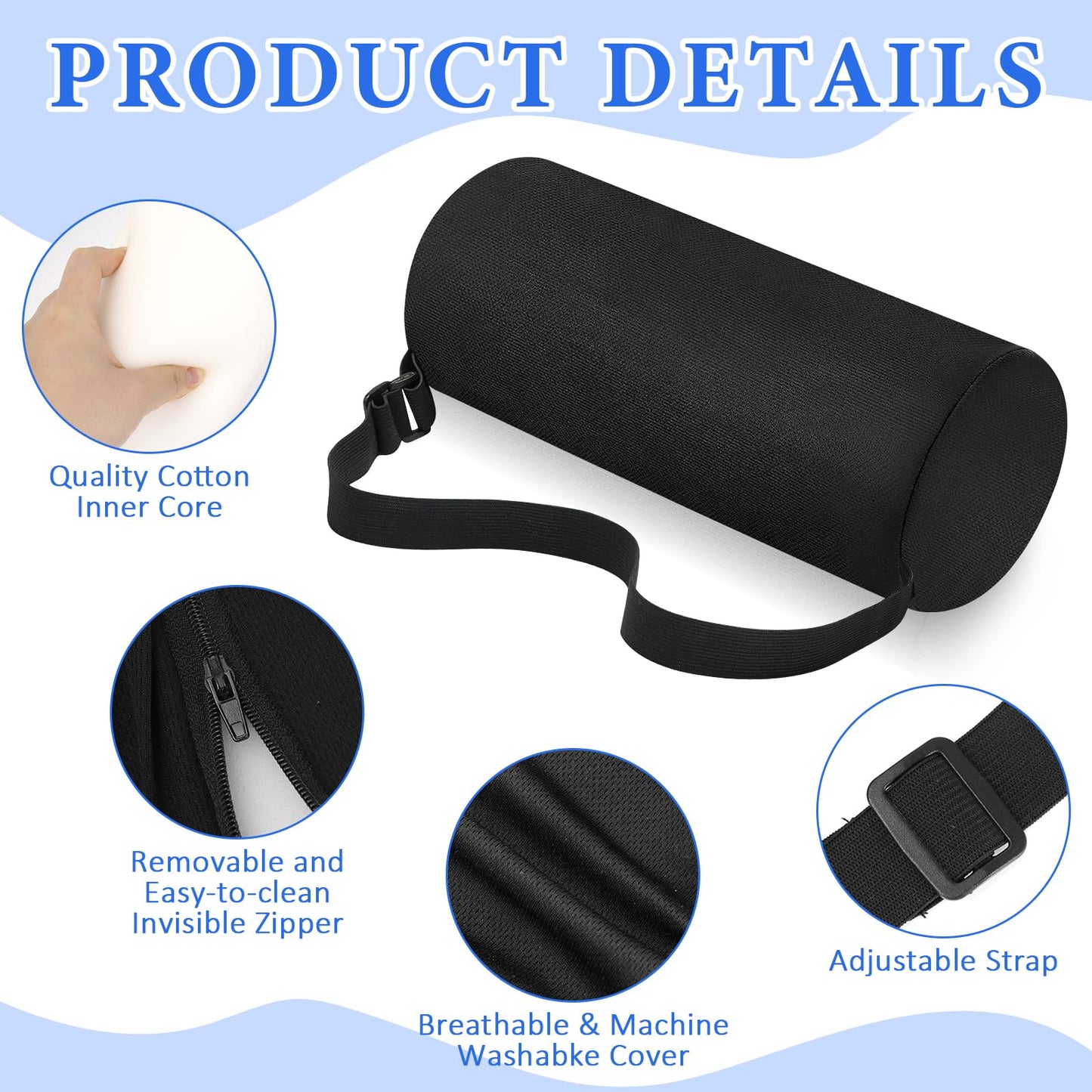 2 Pack Lumbar Roll Support Pillows, 11 Inch Neck Roll Pillow for Office Chair Car, Memory Foam Back Cushion with Adjustable Strap and Washable Cover