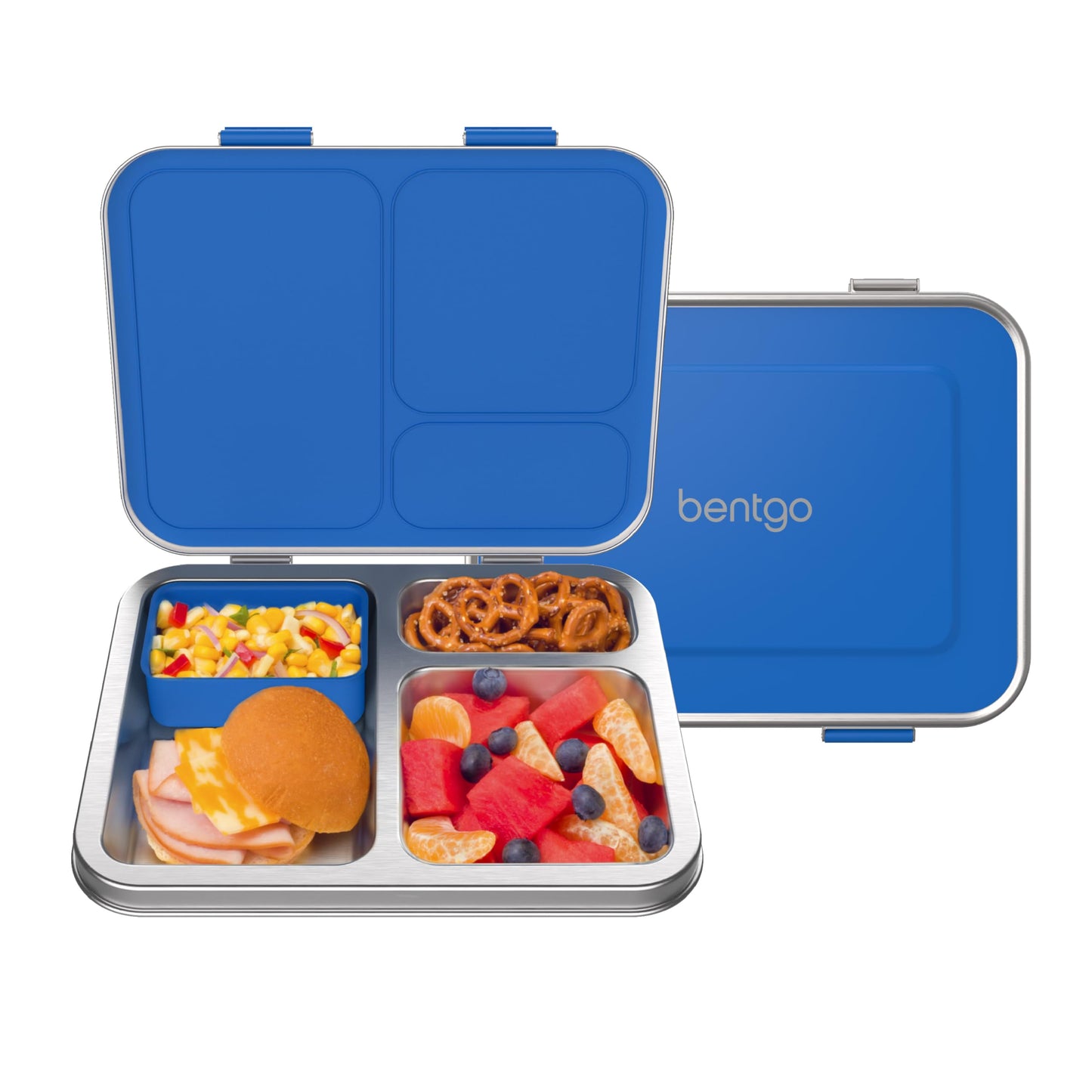 Bentgo® Kids Stainless Steel Leak-Resistant Lunch Box - Bento-Style Redesigned in 2022 w/Upgraded Latches, 3 Compartments, & Extra Container - Eco-Friendly, Dishwasher Safe, Patented Design (Blue)