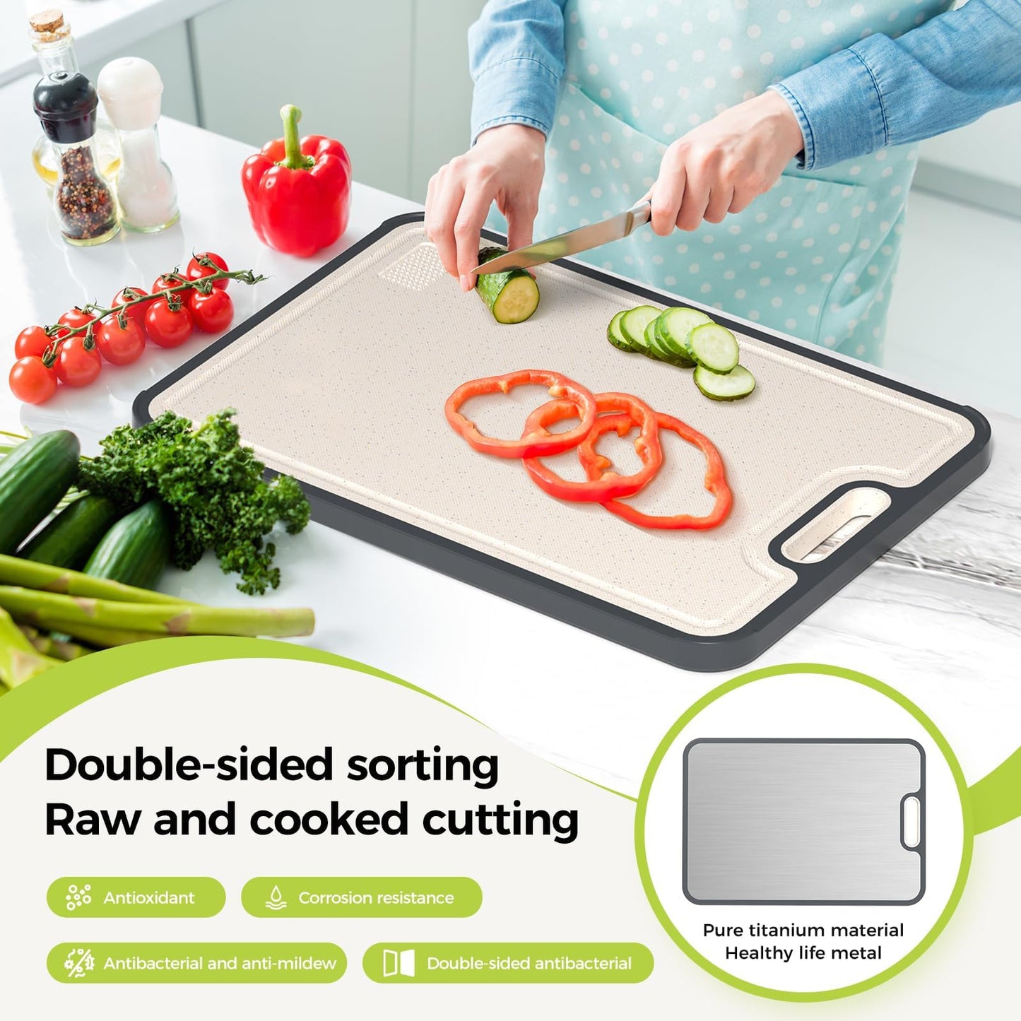 Titanium Cutting Board for Kitchen, Cutting Board Double Sided Food Grade, Pure Titanium/PP, Easy to Clean [15.5”*10.5”+12”*8.5”]