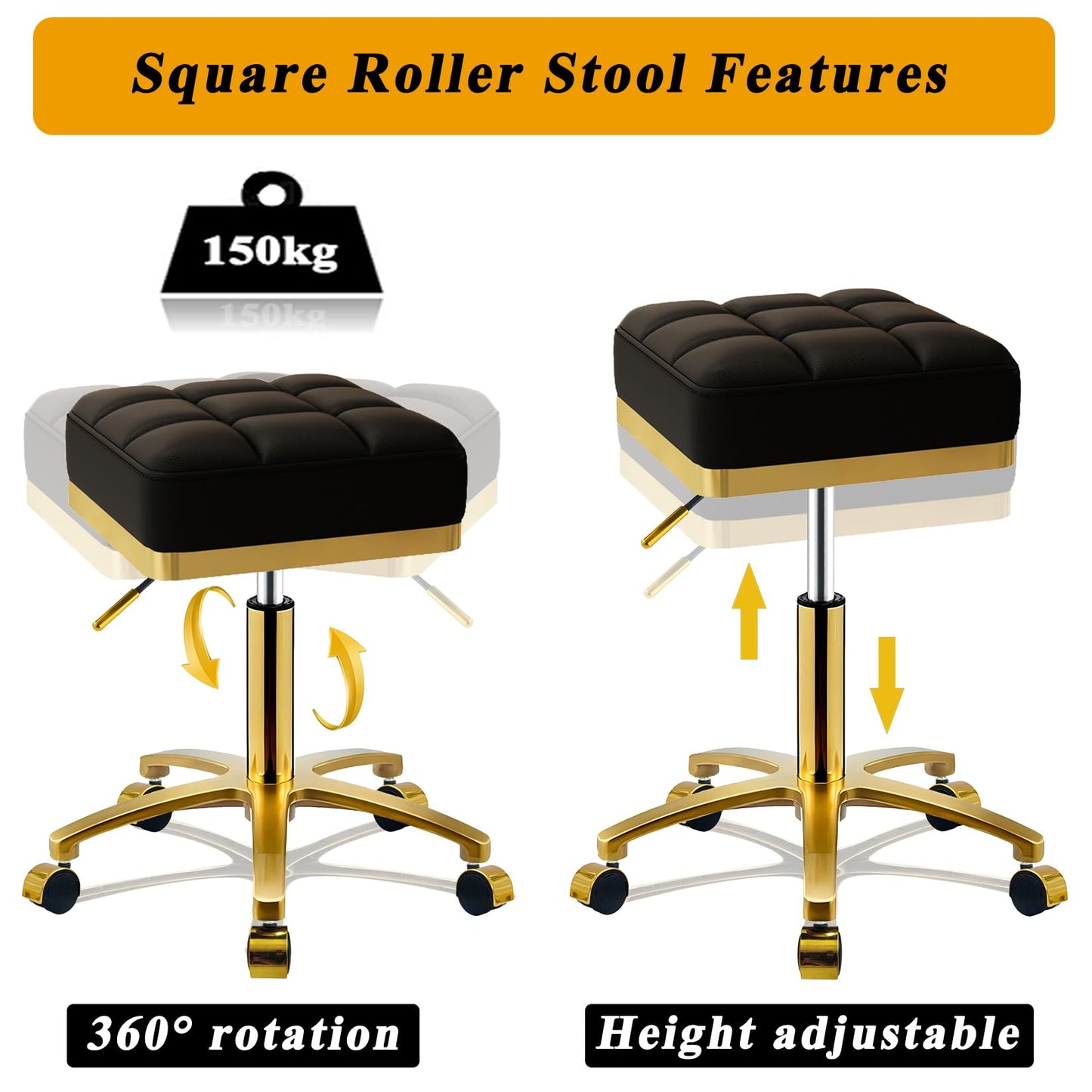 CQAEBK Square Rolling Stool Gold Adjustable Swivel Stools with Wheels, Vanity Lash Nail Salon Spa Roller Chair, Esthetician Massage Office Pedicure Stool, Heavy Duty Gold Plated Frame (Black)