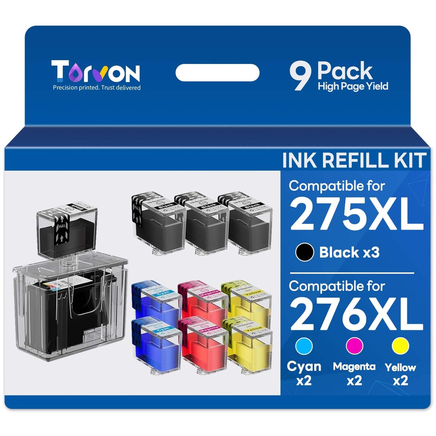 Torvon 275XL 276XL Ink Refill Kit for Canon Ink 275 and 276 PG275 CL276 275XL 276XL for TR4722 TS3722 TS3522 TR4720 TS3500 TS3520 TR4700 TS3720 Printer(9 Pack, 3BK/2C/2M/2Y)