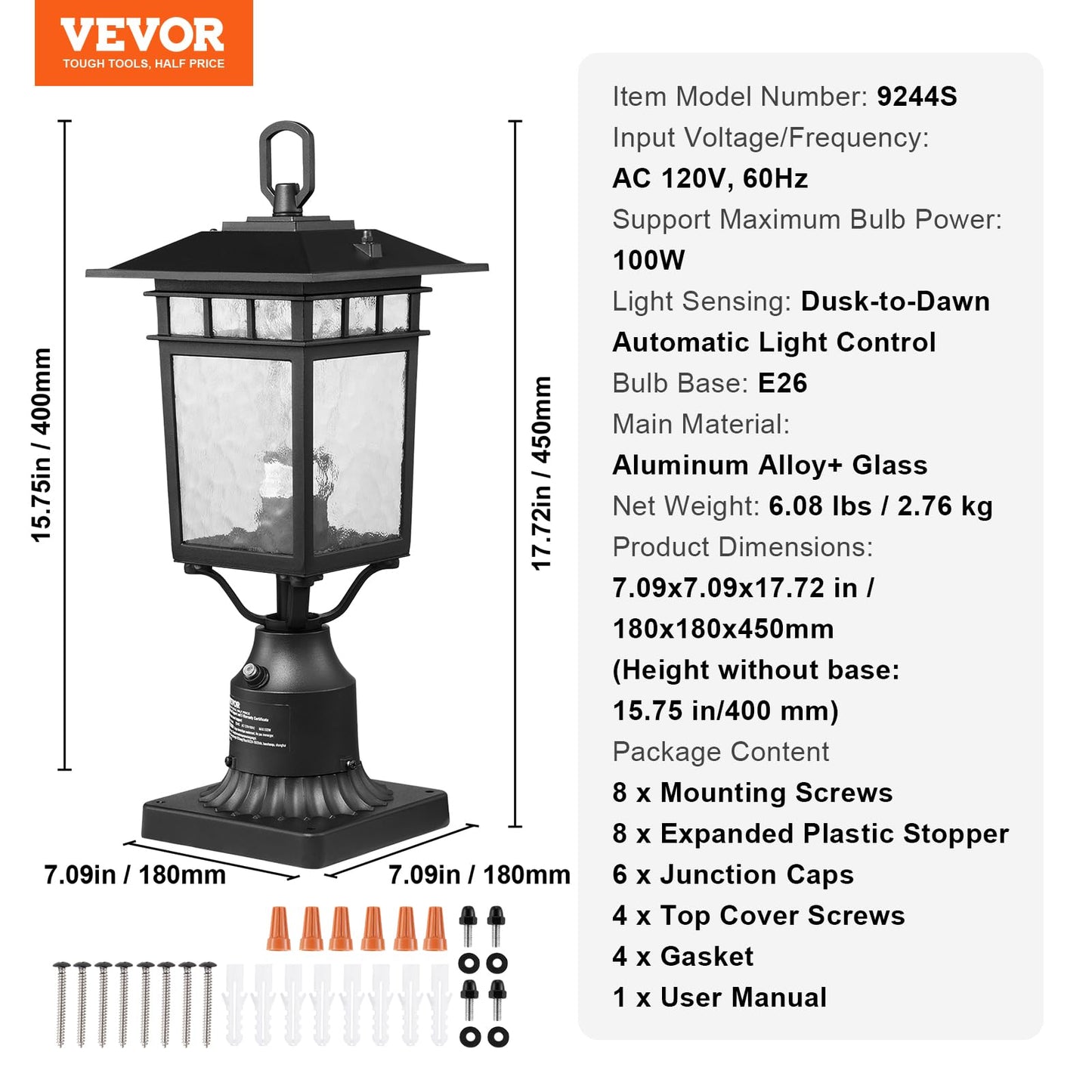 VEVOR 2 Pack Dusk to Dawn Outdoor Post Light, 15.75 in, Waterproof Lamp Post Light Fixtures with 3.5 in Pier Mount Base Glass Shade, Lightning-proof Exterior Pole Column Light for Patio Garden Pathway