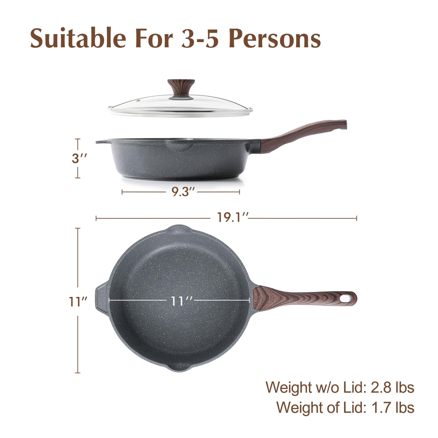 SENSARTE Nonstick Deep Frying Pan Skillet, 11-inch Saute Pan with Lid, Stay-Cool Handle, Chef Pan Healthy Stone Cookware Cooking Pan, Induction Compatible