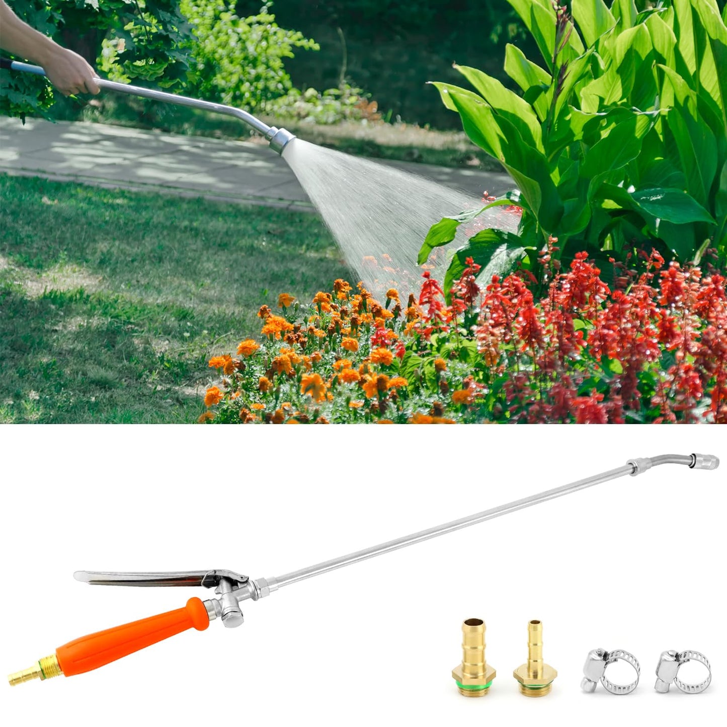 QWORK 2Pcs All Metal Replacement Sprayer Wand Kit - 29 Inch, Adjustable Nozzle, Brass Barbs Match 3/8'' & 1/4'' Hoses, Universal Sprayer Wand with Shut off Valve & 2 Hose Clamps