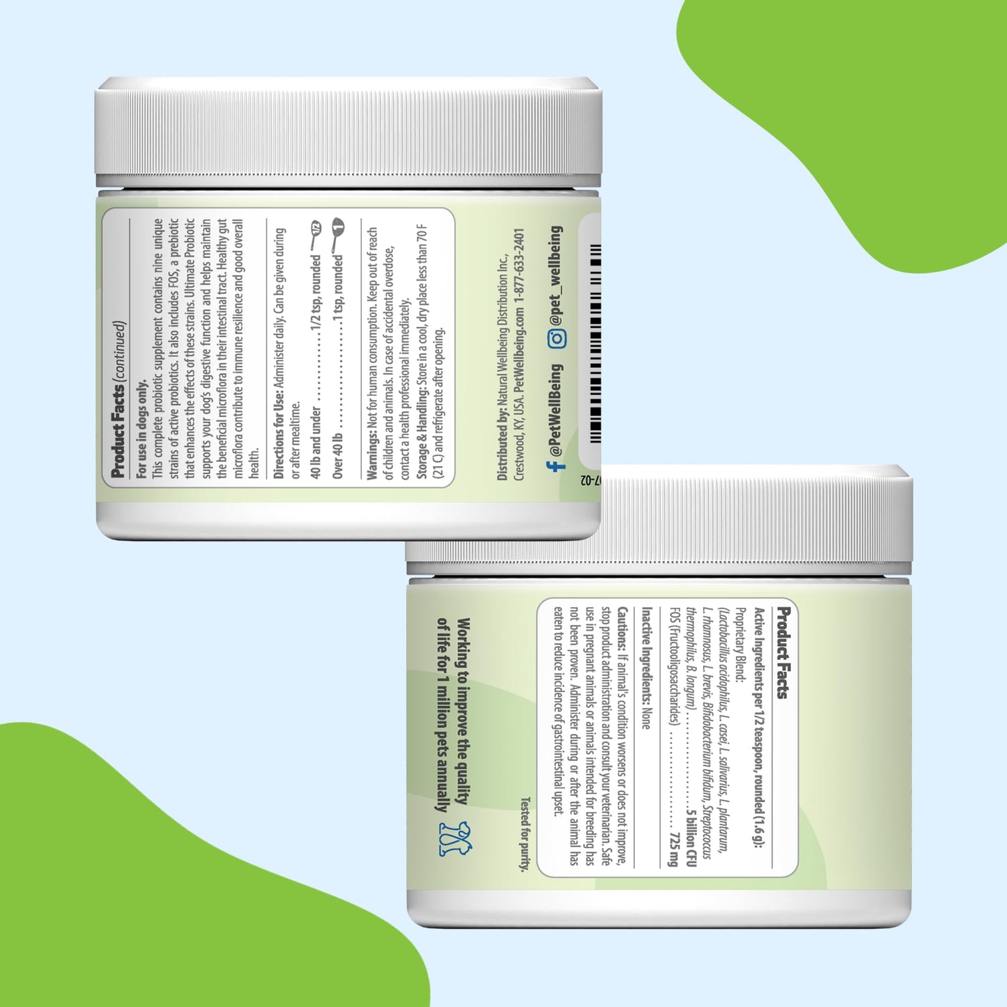 Pet Wellbeing Ultimate Probiotic 9 Strains with Prebiotics for Dogs - Supports the Gut Microbiome and Digestion, Immune System Care, Urinary Tract Health, FOS, 2.5 billion CFU - 5.64 oz (160 g) Powder