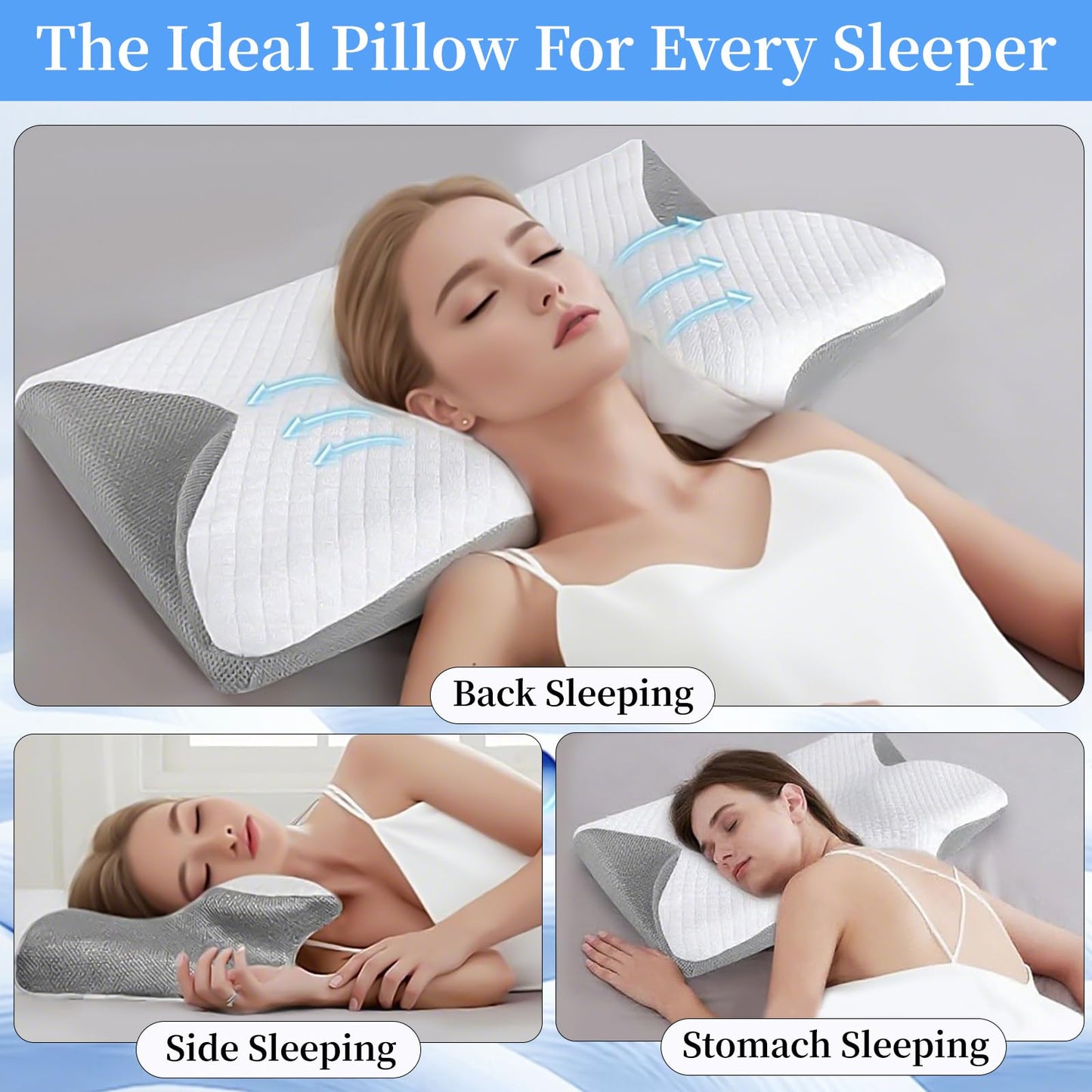 AsBellt Cervical Neck Pillow, Ergonomic Memory Foam Pillows for Neck Pain Relief with Removable Pillowcase, Contour Neck Support Pillow for Side, Back & Stomach Sleepers(White)