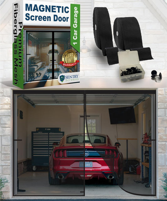 Magnetic Garage Door Screen 1 Car – 7’h x 10’w Ultra-Durable 60g Fiberglass Mesh – Strong High-Energy Magnets – Weighted Bottom – Full-Frame Adhesive Tape – by Sentry Screens