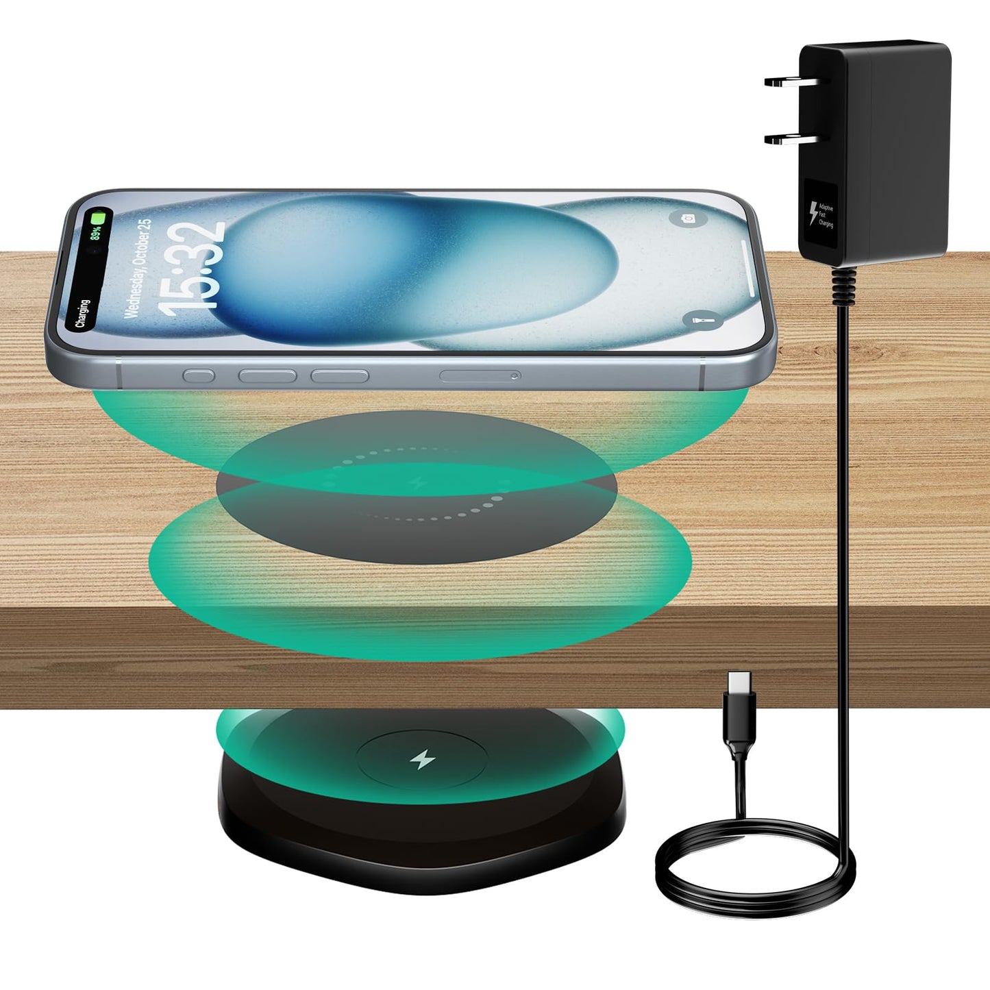 KPON 30mm Invisible Wireless Charger, Hidden Under Desk Wireless Phone Charger, Furniture Table Nightstand Desktop Charging Station for iPhone16/15/14/13/12/11/Other Wireless Phones(with QC Adapter)