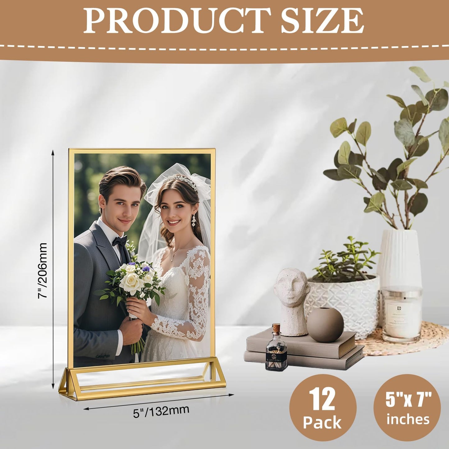 RUITENG 12 Pack Acrylic Sign Holder, 5x7 Clear Gold Frame Display Stand, Double Sided Picture Menu Flyer Holders, Wedding Table Number Frames for Cards Photo Party Decoration (5" x 7")
