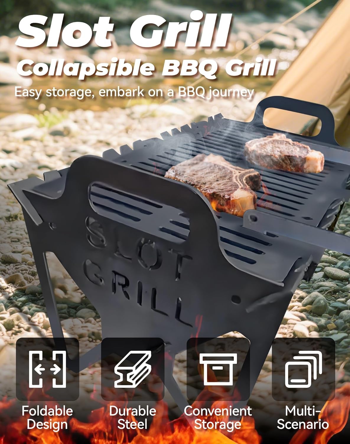 Slot Grill - Collapsible BBQ Grill for Easy Storage Steel, Charcoal Grills Quality Portable Detachable Folding, Camping Campfire Grills, For Patio,Adjustable Tool-Free Assembly (20 * 11 * 11.8in)