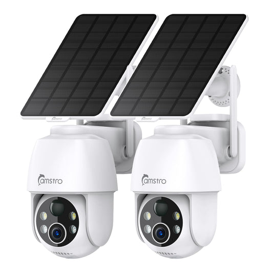 CAMSTRO 2K Solar Surveillance Camera Wireless Outdoor, Battery-Powered Solar Camera for Home Security, 360°Pan & Tilt, 3MP Color Night Vision, Two-Way Audio, Alexa/Google Assistant, 2.4Ghz Only, 2Pack