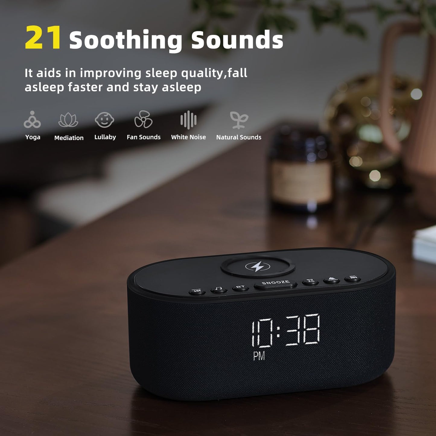 Odokee Sound Machine Alarm Clock for Bedrooms: Bluetooth 10W Stereo Sound Speaker with Wireless Charging - White Noise Machine for Sleeping with 21 Soothing Sounds - Black