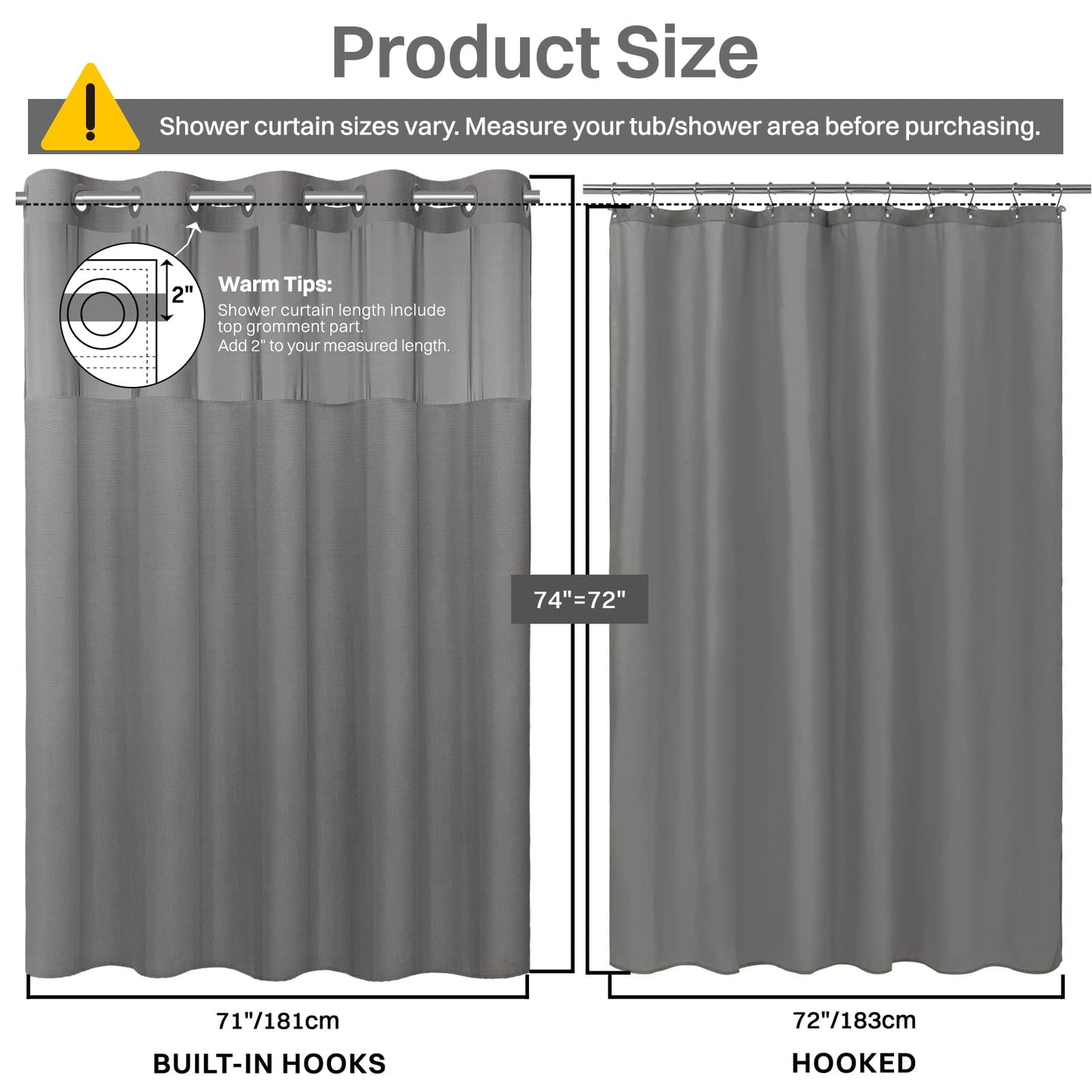 No Hook Slub Textured Shower Curtain with Snap in Liner - Fabric Outer Curtain & Waterproof Inner Liner, Hotel Style with See Through Top Window, Grey, 71" W x 74" L
