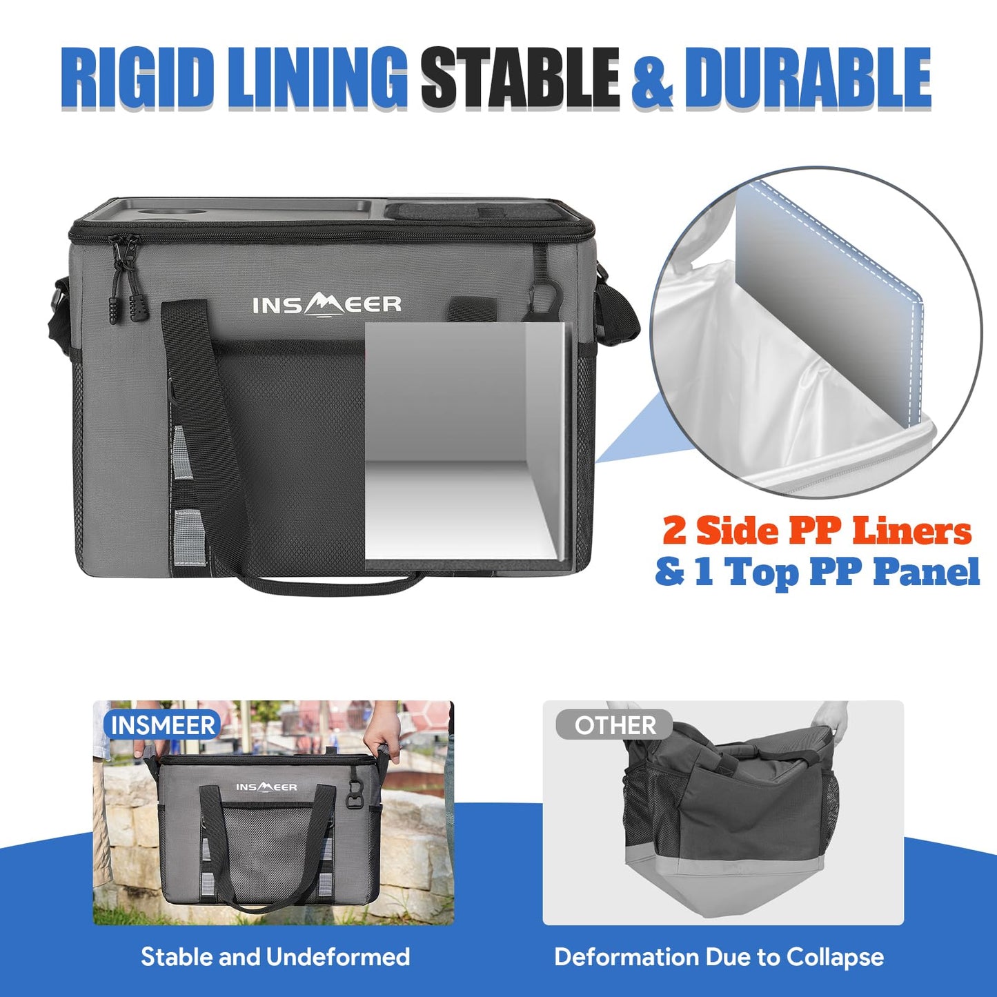 INSMEER Hard Top Soft Cooler with 2 Cup Holders, Large Foldable Cooler Bag - 40L/70 Cans, 100% Leakproof/Insulated/Portable Glaciere with Shoulder Strap for Travel, Beach, Camping, BBQ, Events