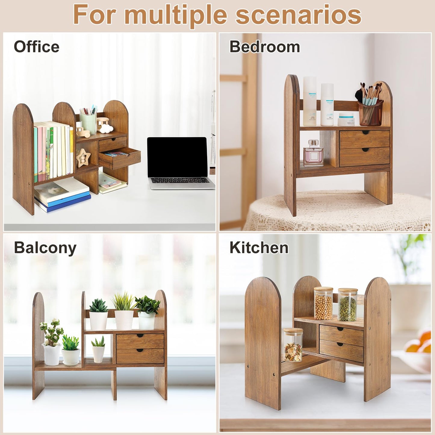 Sunhoo Desktop Bookshelf Organizer Adjustalbe Desk Shelf with Drawers Bedroom Bamboo Shelves Expandable Countertop Bookcase Standing Shelf for Office Supplies Seasoning Plants Books