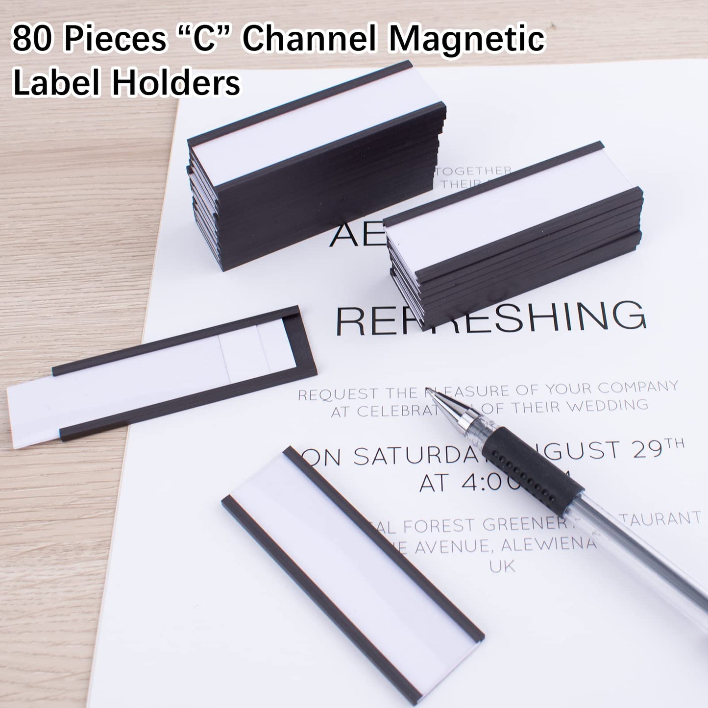 80Pcs Magnetic Label Holders, FHDUSRYO 3x1 inch “C” Channel Magnet Label Card Racks with 80 Clear Protective Films and 160 White Paper Strips for Office, Warehouse, School, Shelf, Drawer