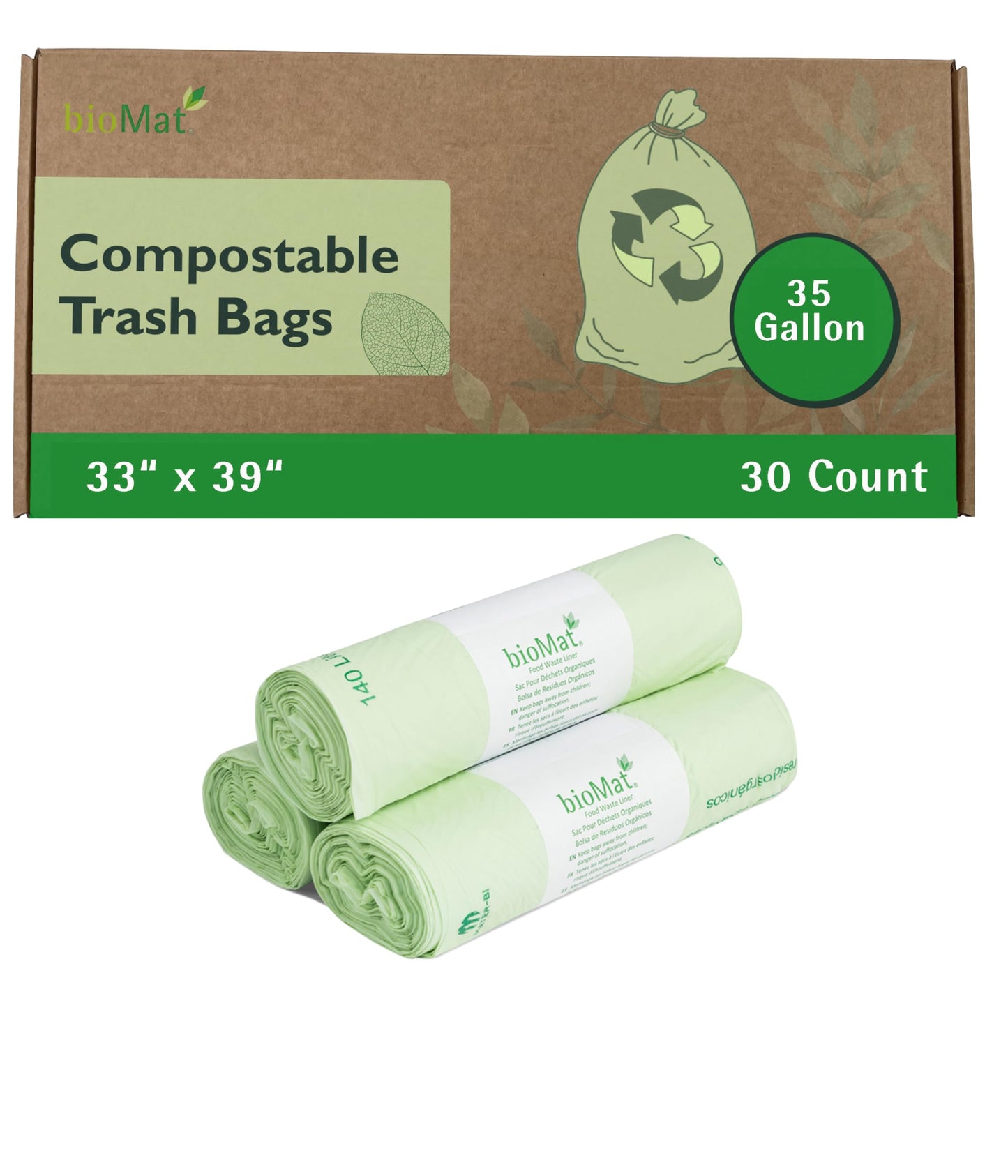 bioMat 132l / 35 Gallon Compostable Wheelie Bin Liners, 30 Count, BPI ASTM D6400, Large Compost Bags for Organic Waste and Residual Waste Bins