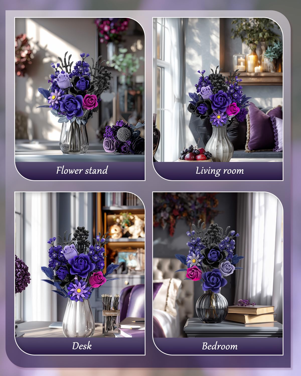Purple Rose Bouquet Building Set, Artificial Floral Building Toys for Gothic Home Decor, Ideal Gift for Halloween & Christmas, Compatible with Lego Flower Set for Adults, Women, and Teen Girls