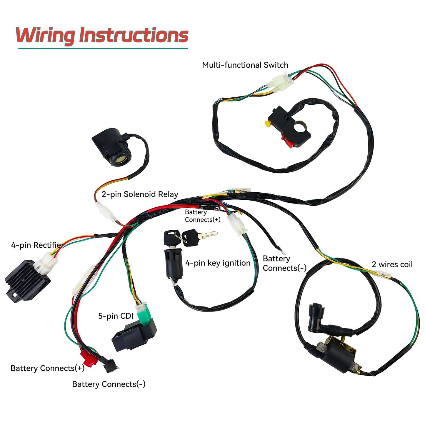 Electric Wiring Harness Kit with CDI Ignition Coil - Compatible with 4-Stroke ATVs (50cc, 110cc, 125cc)