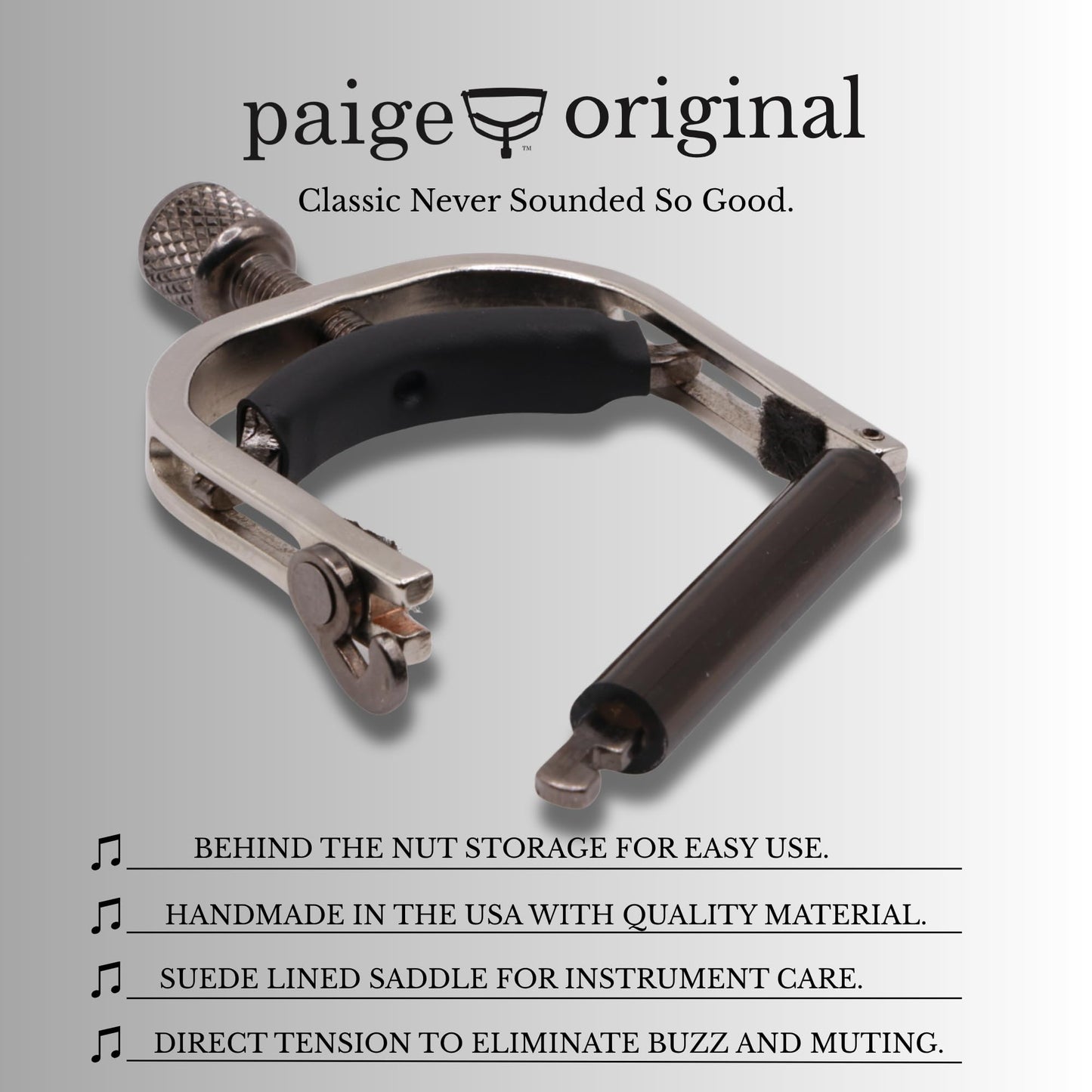 Banjo, Mandolin & Ukulele Capo – Nickel-Plated Steel, Handcrafted in USA – Adjustable Center Tension for Clean Sound (Capo- Paige)