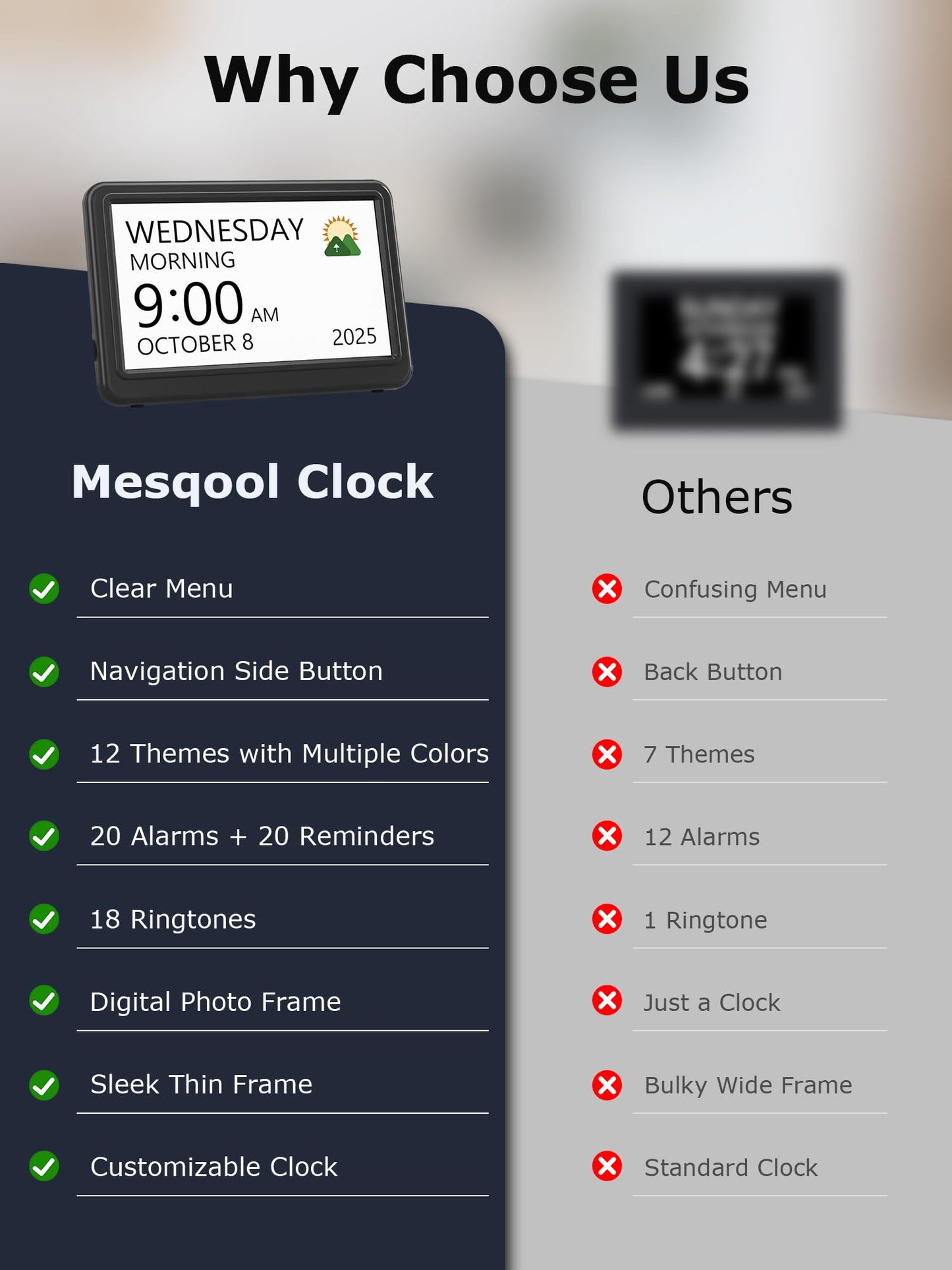 Dementia Clock for Seniors with 20 Alarms & 20 Reminders, 12 Themes, 18 Alarm Sounds, 10-Level Dimmer with Sleep Mode, Digital Calendar Day Clock, Dementia Clock with Date and Time for Elderly