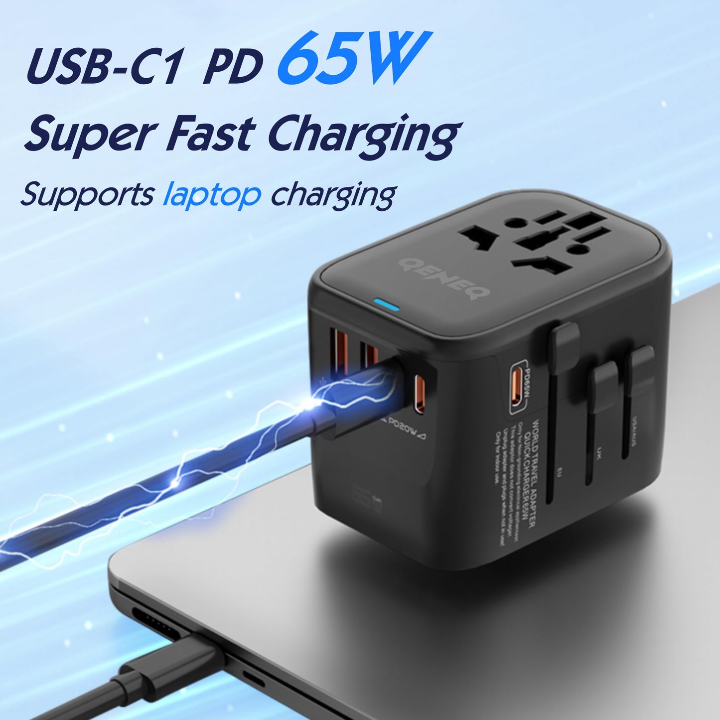 65W Fast GaN Universal Travel Adapter International Power Adapter with 2 QC USB A 2 PD USB C European Travel Plug Adapter US, UK, EU, AU Worldwide Travel Charger for Laptops, Tablets, Phones (White)