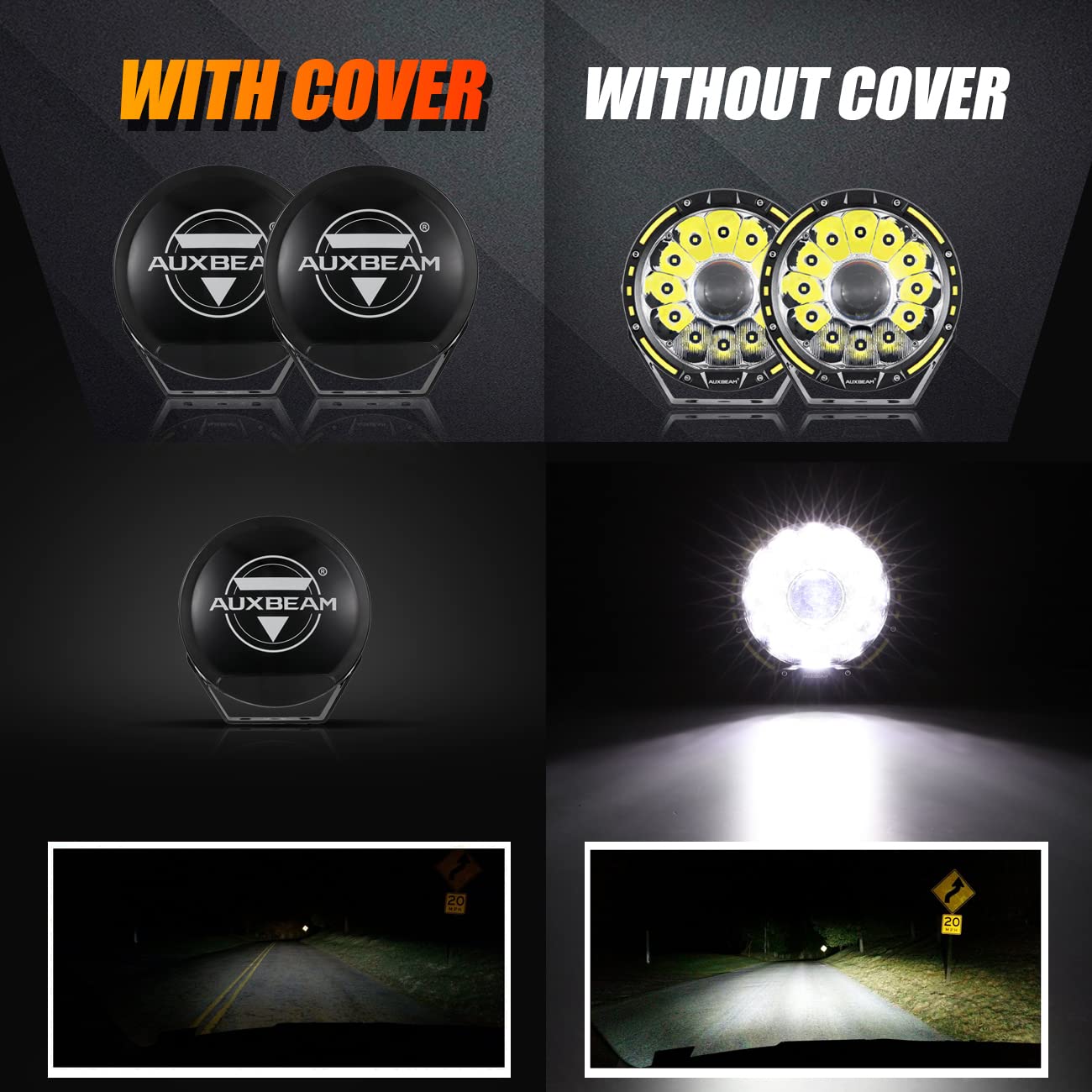 Round Offroad Light Covers, Auxbeam 7 Inch Black Lens Protective Cover with Logo Light Bar Protection Masks for 7" Round Driving Light Pods Bumper Work Light for Truck 4x4 Jeep Ford Car 1Pair/2Pcs