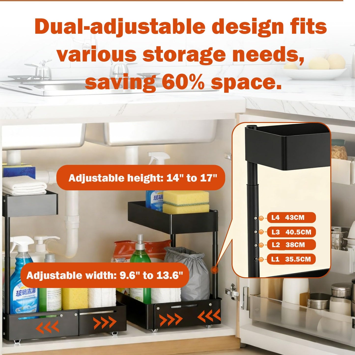 Bathroom Storage Organizer,Under Sink Organizer, Multi-Purpose Bath Collection Baskets for Bathroom,Pull Out Kitchen Organizers and Storage, 2 Tier Sliding Cabinet Basket Organizer Drawer（2 Pack）