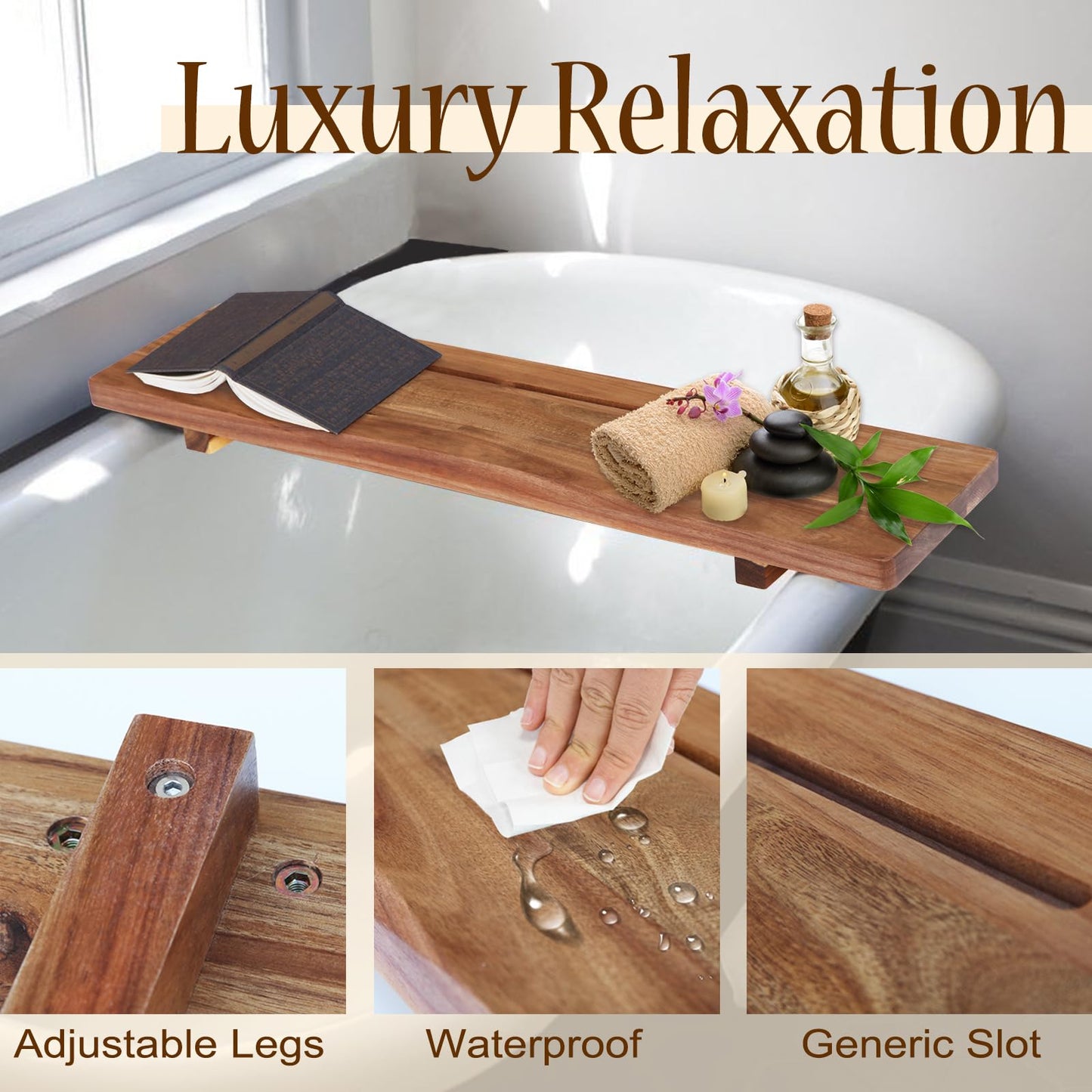 Premium Acacia Wood Bathtub Tray Caddy with Adjustable Legs, Minimalistic Design Bath Tray for Tub, Bathtub Accessories, Fit Standard Bath Tubs, Gift Idea for Women