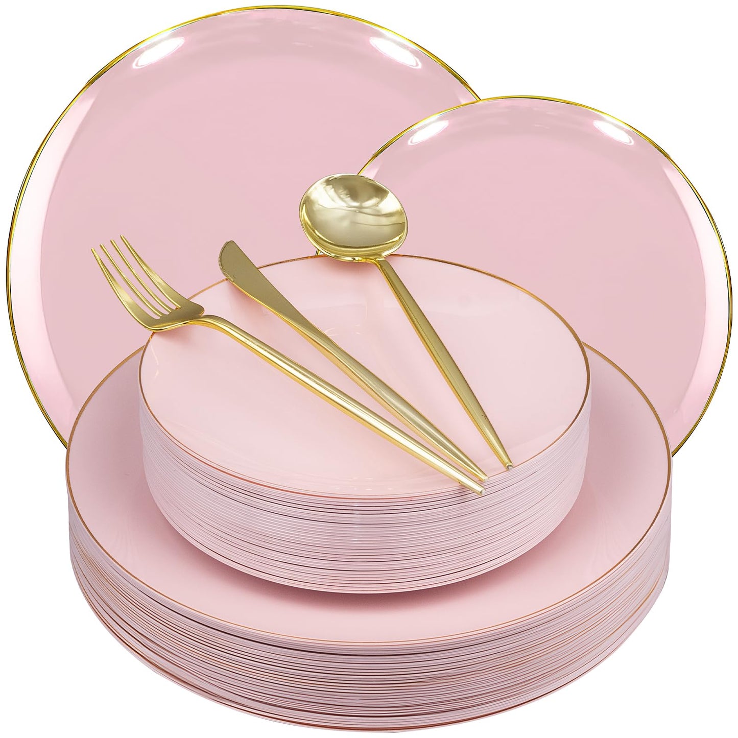 150Pcs Plastic Disposable Plates Set, Plastic Dinnerware Disposable Party Plates Set with Gold Rim for 30 Guests, Include: 30Pcs Dinner Plates, 30Pcs Dessert Plates, 90Pcs Gold Cutlery(Pink)