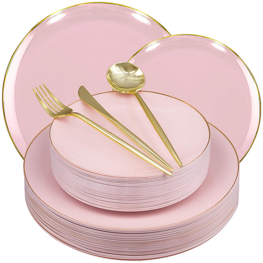 150Pcs Plastic Disposable Plates Set, Plastic Dinnerware Disposable Party Plates Set with Gold Rim for 30 Guests, Include: 30Pcs Dinner Plates, 30Pcs Dessert Plates, 90Pcs Gold Cutlery(Pink)