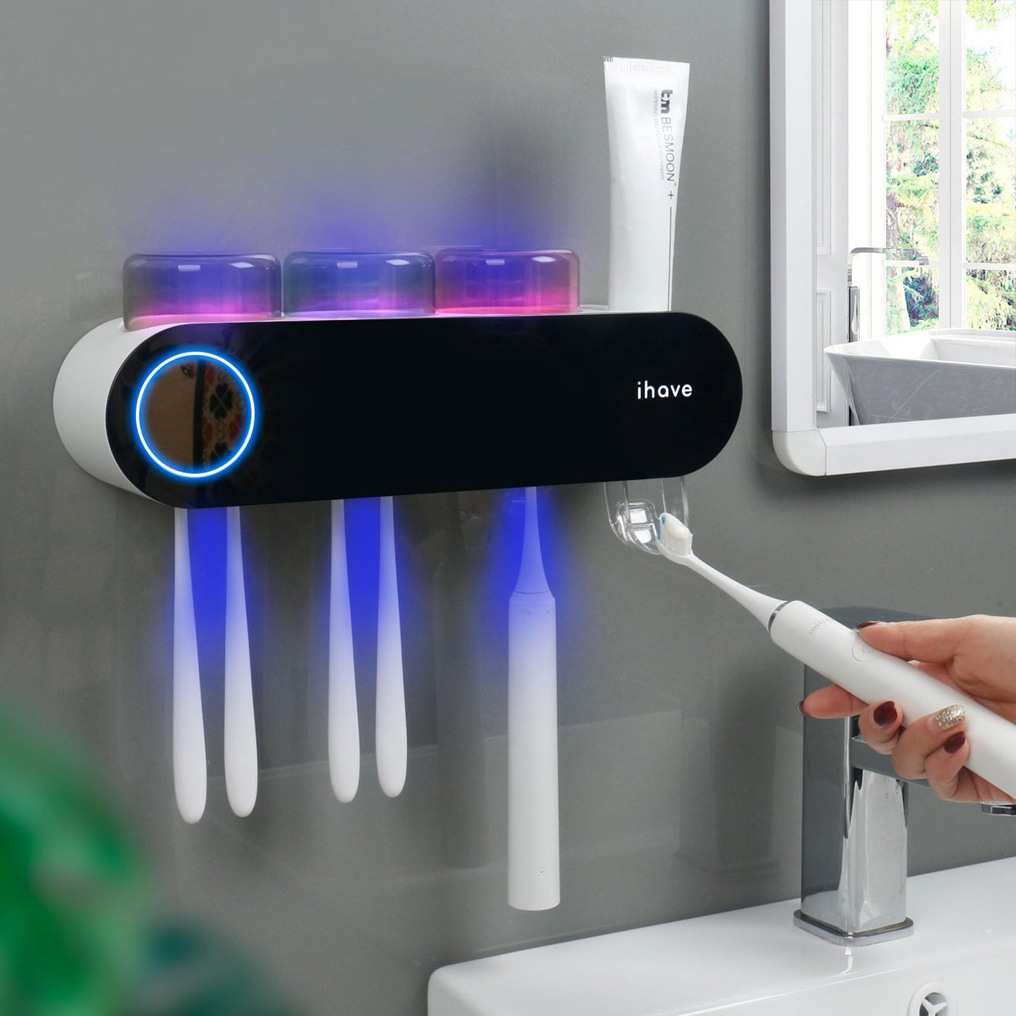iHave Toothbrush Holder for Bathroom, UV Toothbrush Sanitizer and Holder Smart Home Bathroom Accessories, 3 Cups Electric Toothbrush Holder Wall Mounted with Toothpaste Dispenser Bathroom Decor