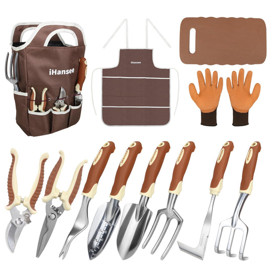 Brown Gardening Tools Set 12-Piece, Heavy Duty Garden Hand Tool Kit with Non-Slip Ergonomic Handle, Storage Tote Bag, Garden Apron, Gloves and Kneeling Pad, Gardening Gifts for Women Men Plant Lover