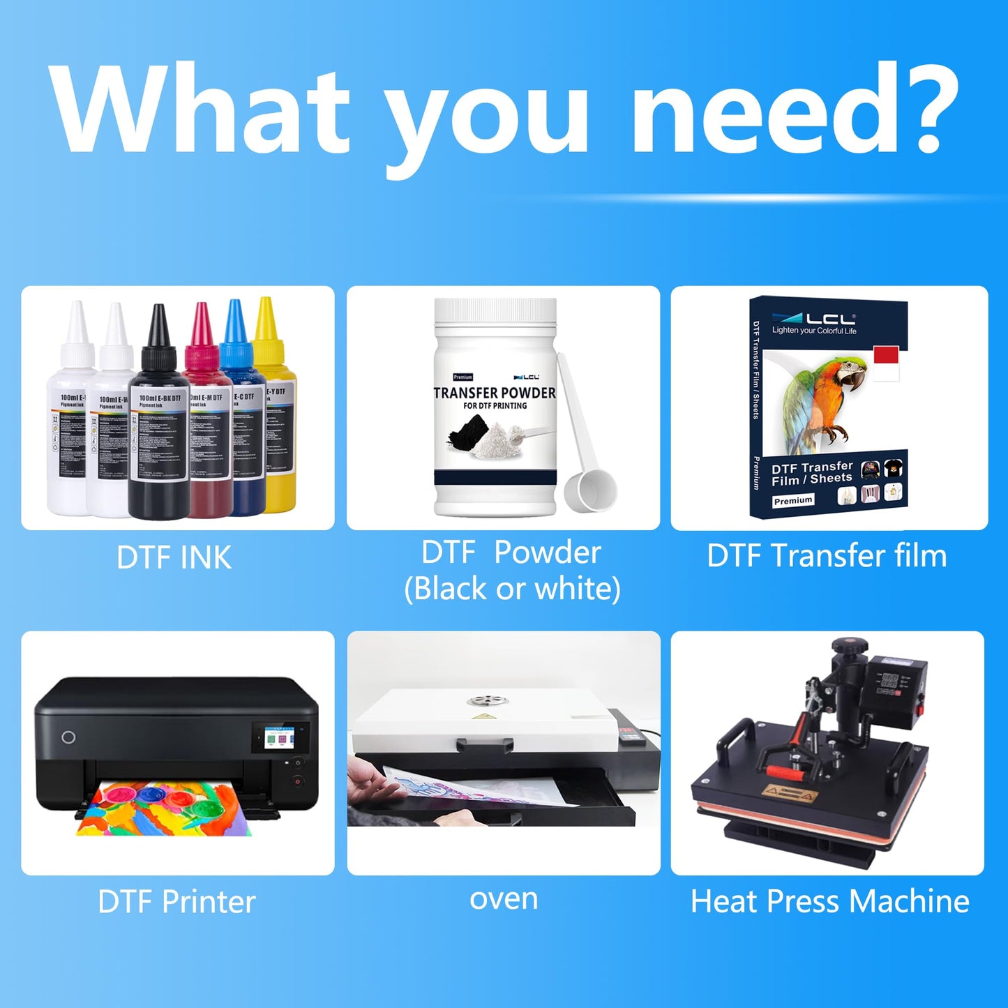 LCL Premium DTF Ink 600ML DTF Transfer Ink for PET Film, Refill for DTF Printers ET-8550, XP-15000, L1800, L805, R1390, R2400, Heat Transfer Printing Direct to Film (100ml x 6, CMYK 2Wh)