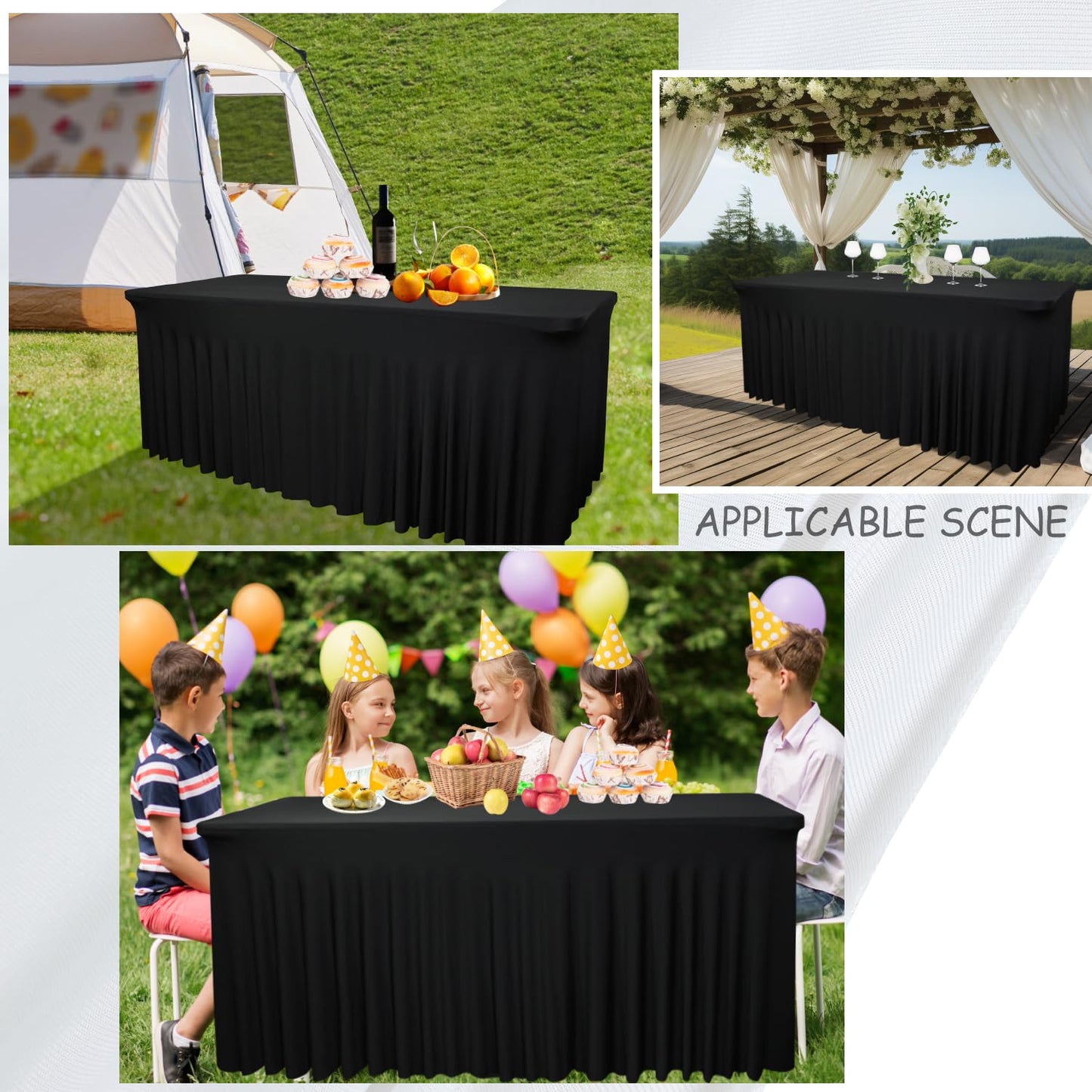 2 Pack 72''Lx30''Wx30''H Black Table Skirt for 6 Foot Rectangle Tables|Stretch Spandex Fitted Table Clothes|with Skirt Washable Wrinkle Resistant Table Skirt|for Party, Banquet, Birthday