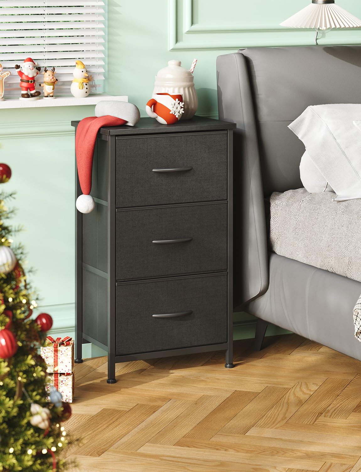 KitMent Night Stands, Beside Table End Table with 3 Fabric Drawers, Beside Furniture to Storage, 3 Bins for Bedroom, Kids Closet Dorm Guest Room, Black