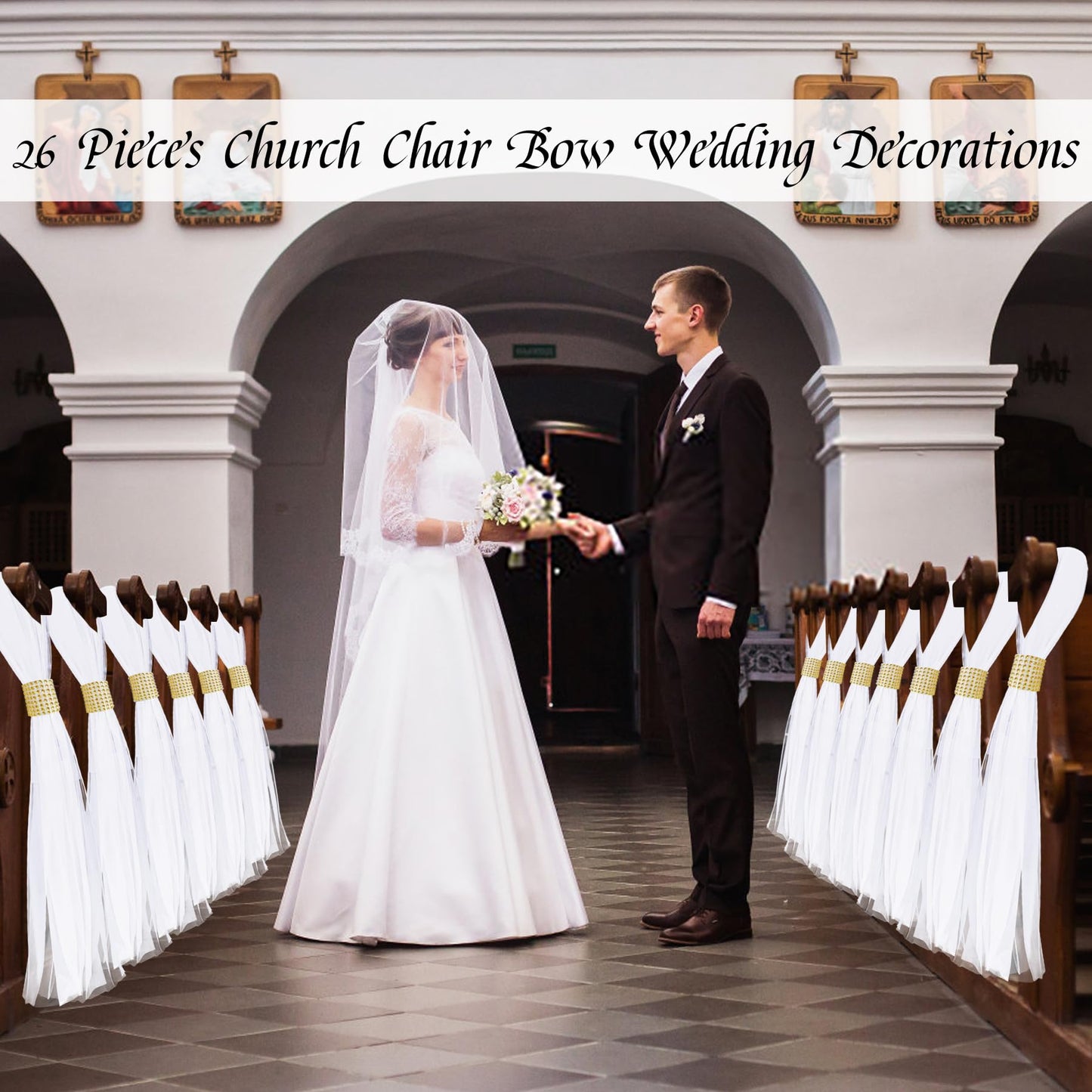Large Extended White Pew Bows for Wedding Aisle and Church Decorations - Tulle Chair Decor, Flowers Runner for Ceremony Outside (26, Gold Wrap)