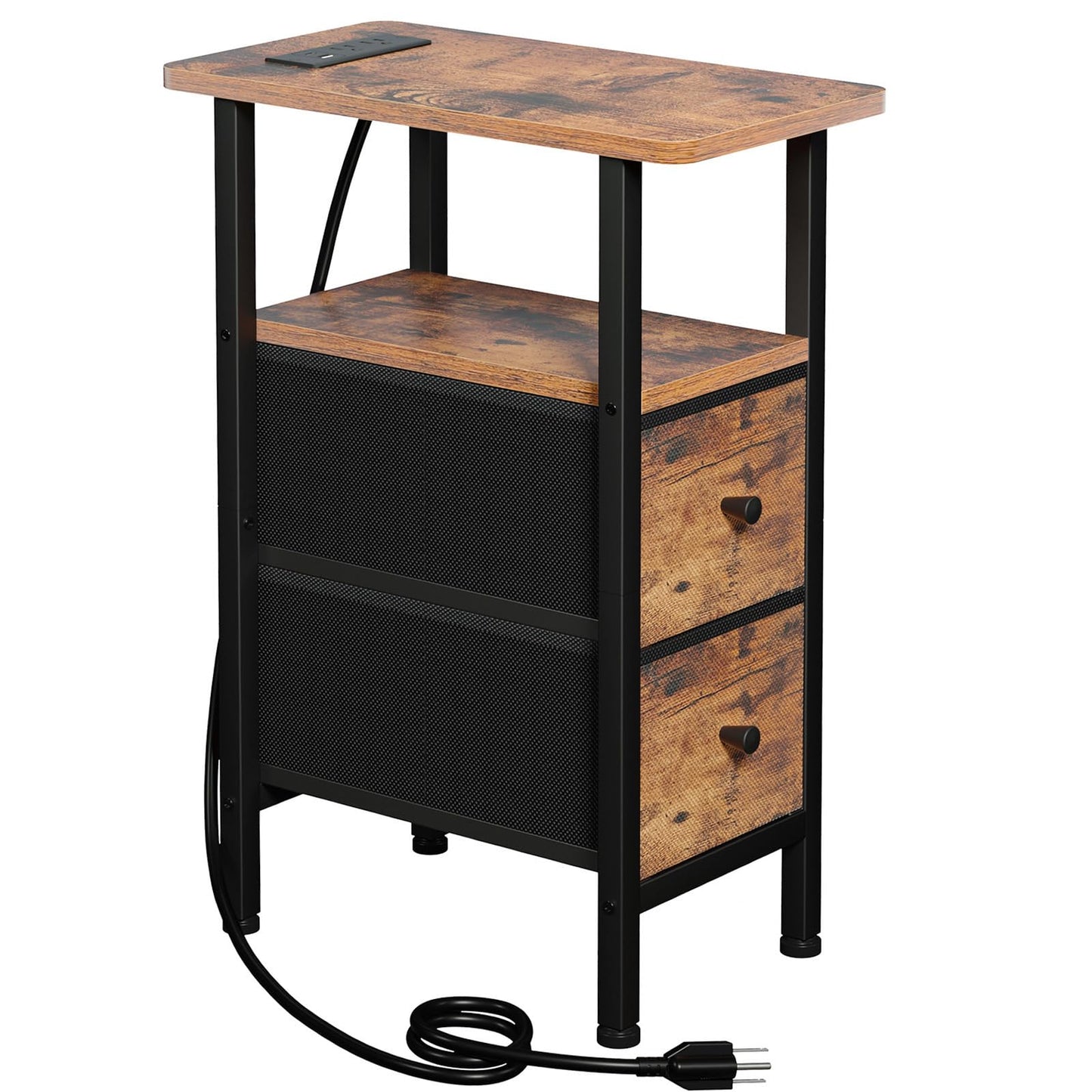 LOAKEKEL Narrow End Table Living Room with Charging Station, Skinny Side Table with Fabric Drawers, Slim Nightstand for Bedroom, Small Spaces, Couch, Brown, HETNDP02BR-1