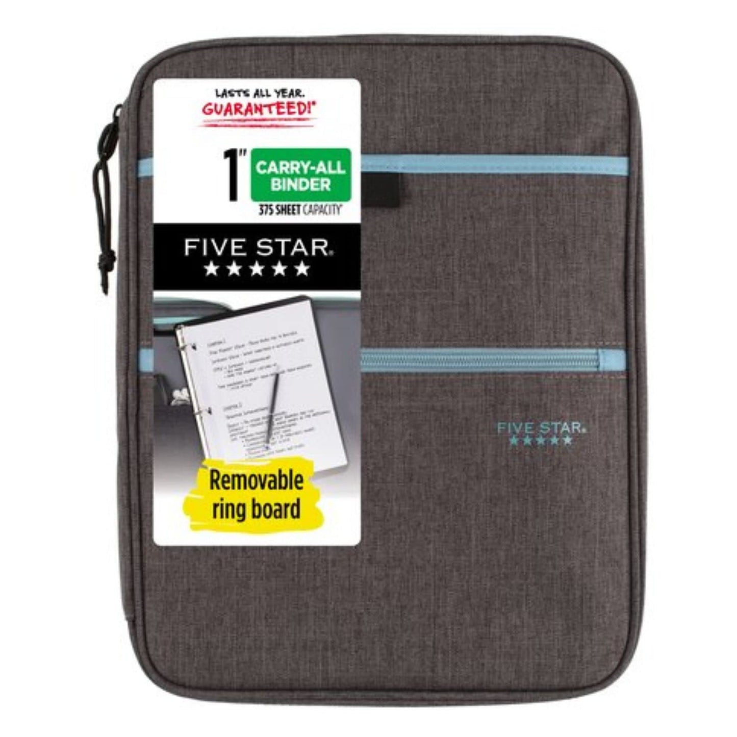 Five Star Zipper Binder, 1 Inch 3-Ring Binder with Round Rings, Carry-All with Pockets and 4-Tab Dividers, 375 Sheet Capacity, Gray/Mint (29092BH0)