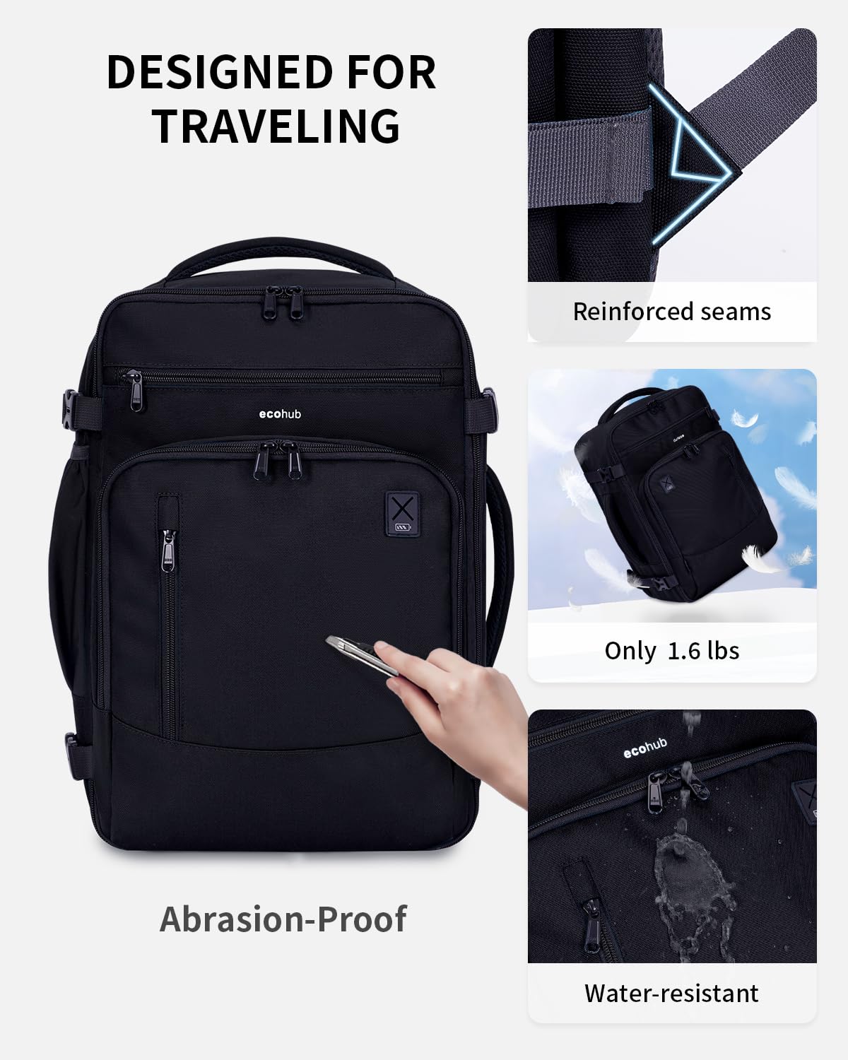 ECOHUB 17" Travel Backpack for Men, 25L Carry on Luggage for Airplanes, Personal Item Bag with 16 Pockets, Water Resistant Rucksacks Fit 15.6" Laptop, Casual Daypack, Black