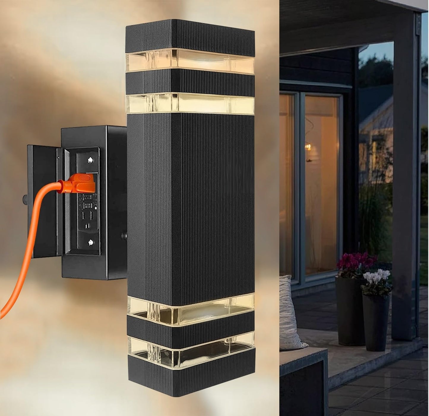 WEIJAN Outdoor Wall Light Built-in GFCI Outlet, Black Proch Lights Wall Mount, LED Up and Down Modern Exterior Wall Lighting Fixture Outside Wall Sconces