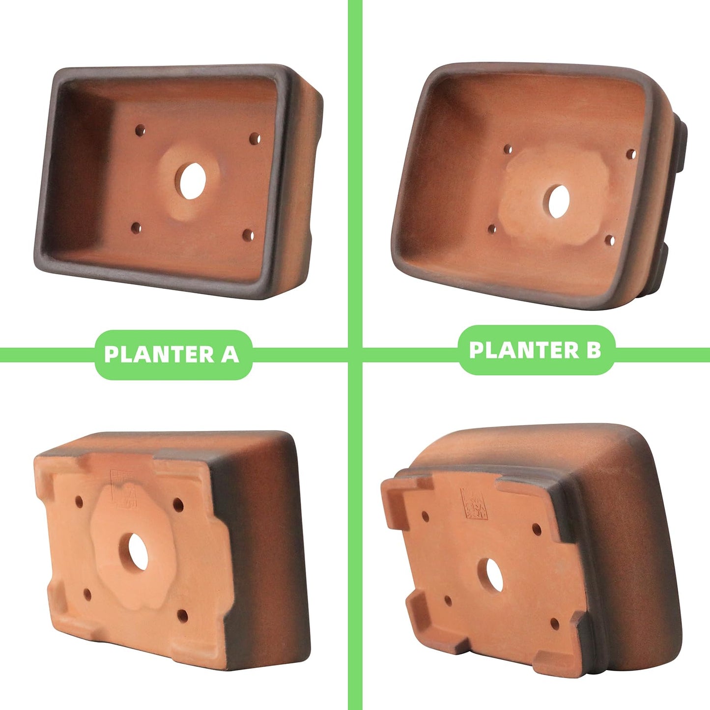 MUZHI 2 Pack Handmade Color Gradational Terracotta Bonsai Pot 6 Inch and 7 Inch with Drip Tray, Breathable Unglazed Rectangle Ceramic Planter for Tree Succulent Cactus