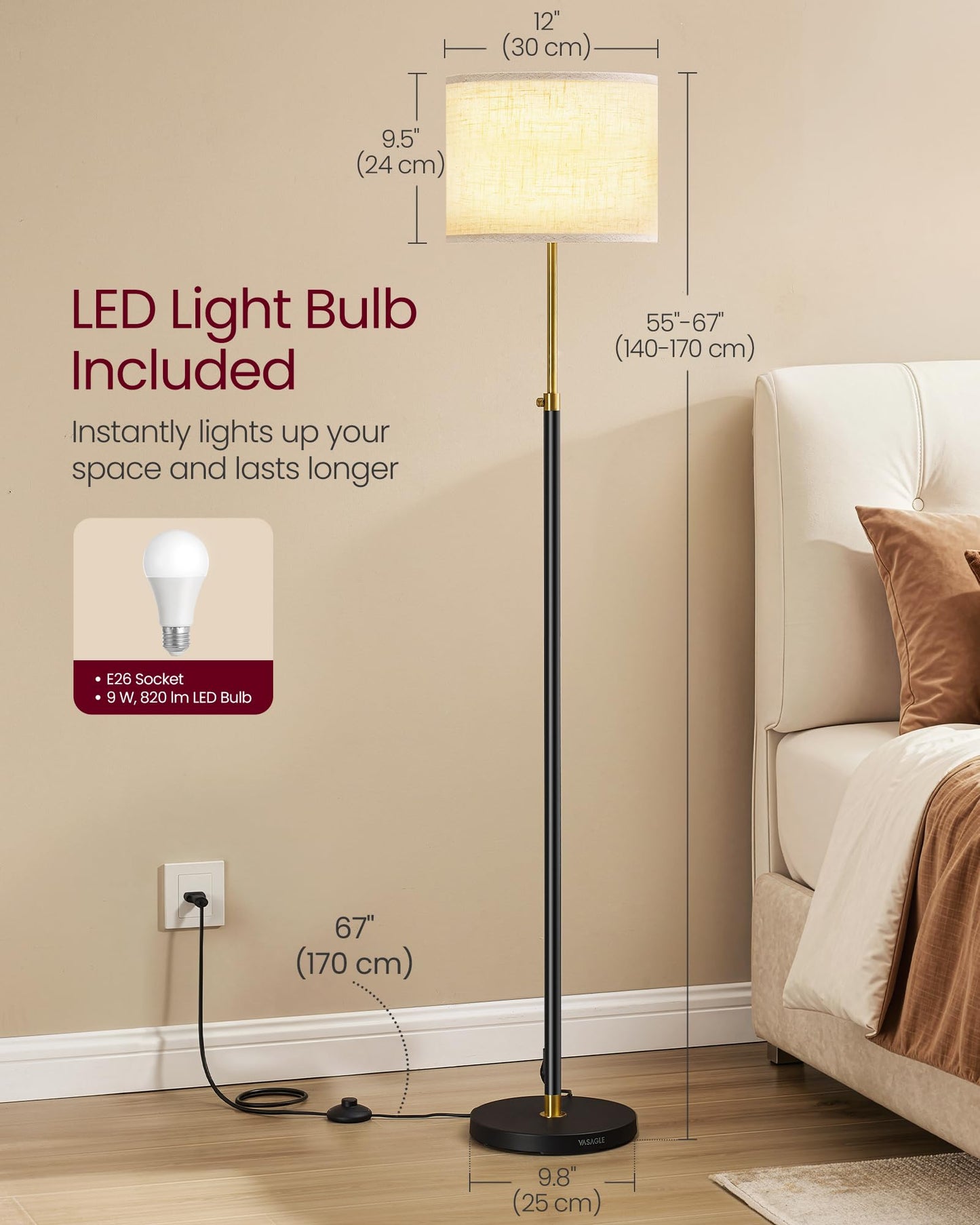VASAGLE Floor Lamp for Living Room, Adjustable Height 140-170 cm, Modern Standing Lamp with Foot Switch, Fabric Lampshade, E27 Socket, with Remote Control, Gold and Black LFL005BD01