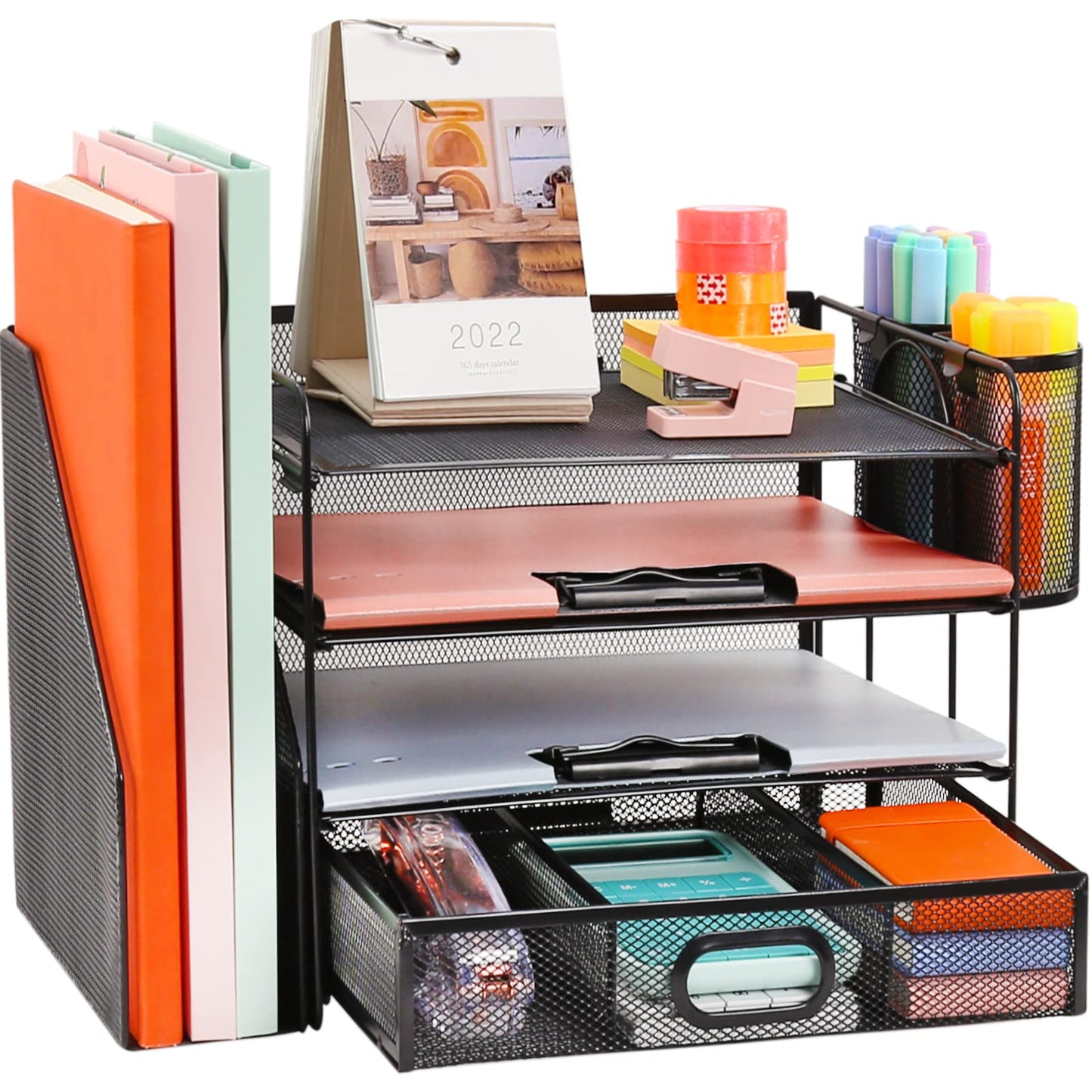Desk Organizer with File Holder, 4-Tier Letter Paper Tray Organizer with Drawer & 2 Pen Holders, Desk Organizers and Accessories, Mesh Desktop File Organizer and Storage for Office Supplies